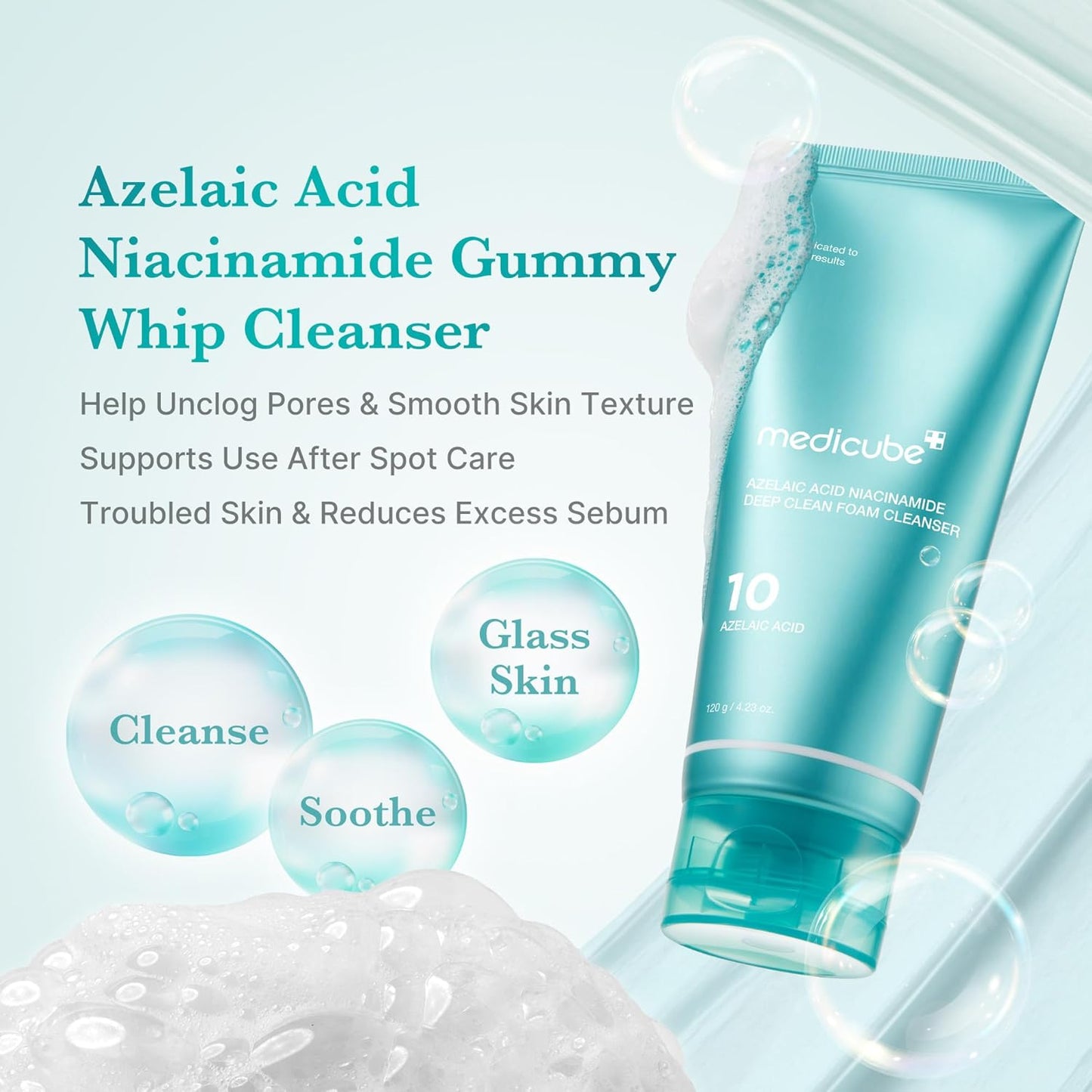 medicube Azelaic Acid Gummy Whip Cleanser | Cleansing Foam For Troubled Skin | Use After Spot Care & Excess Sebum Control | Niacinamide, Glycerin | Soothing, Pore Cleansing Face Wash | Korean Skincare