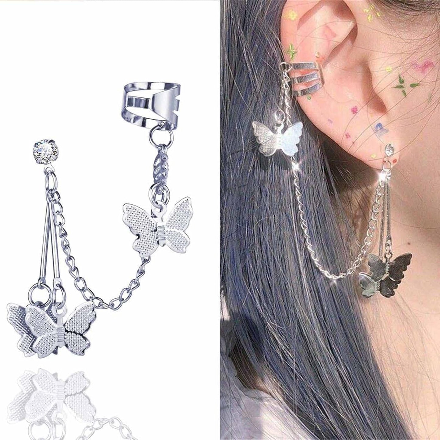 Silver Butterfly Chain Tassel Cuff Earrings Vintage Long Butterfly Hinge Dangle Drop Earrings Single Butterfly Ear Clips Statement Butterfly Crawler Cuff Earrings Jewelry for Women Girls