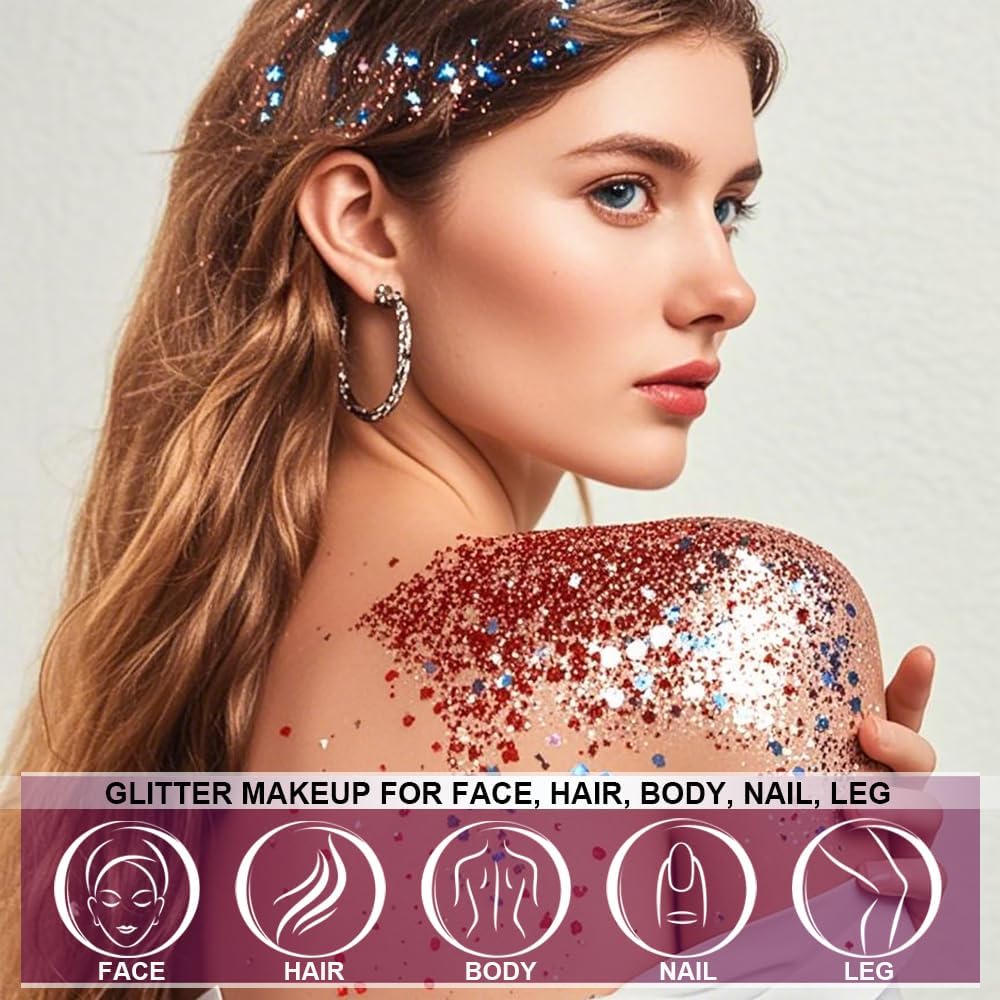 Holographic Face Glitter Gel Body Shimmer Makeup for for Hair, Face, Clavicle, Arm, Nail, Eyeshadow, Long Lasting Waterproof Mermaid Sequins Party Glitter for Rave Festival (USA Pride Body Glitter)
