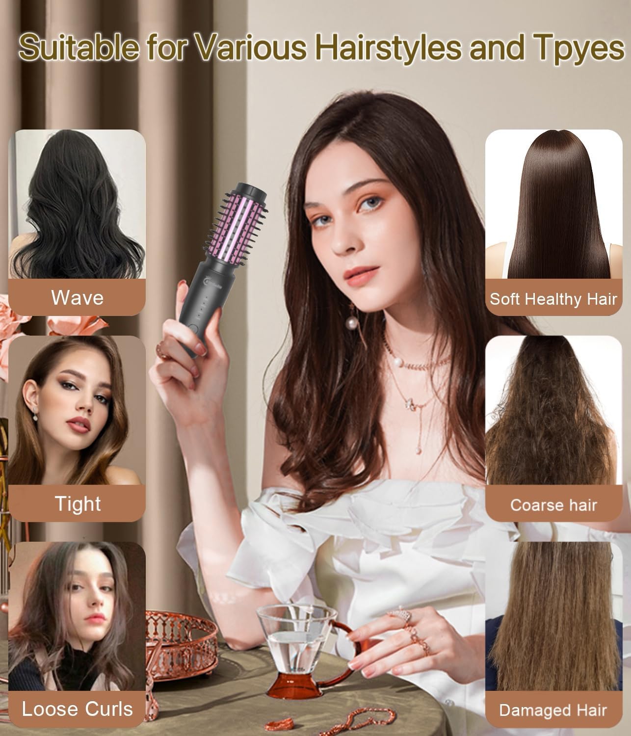 Cordless Hair Curling Iron Brush, 1.5" Mini Cordless Hair Curler, 3-in-1 Travel Curling Brush Hair Straightener Comb Rechargeable, 410℉ Heated Ionic Curling Tool for All Styles, Black