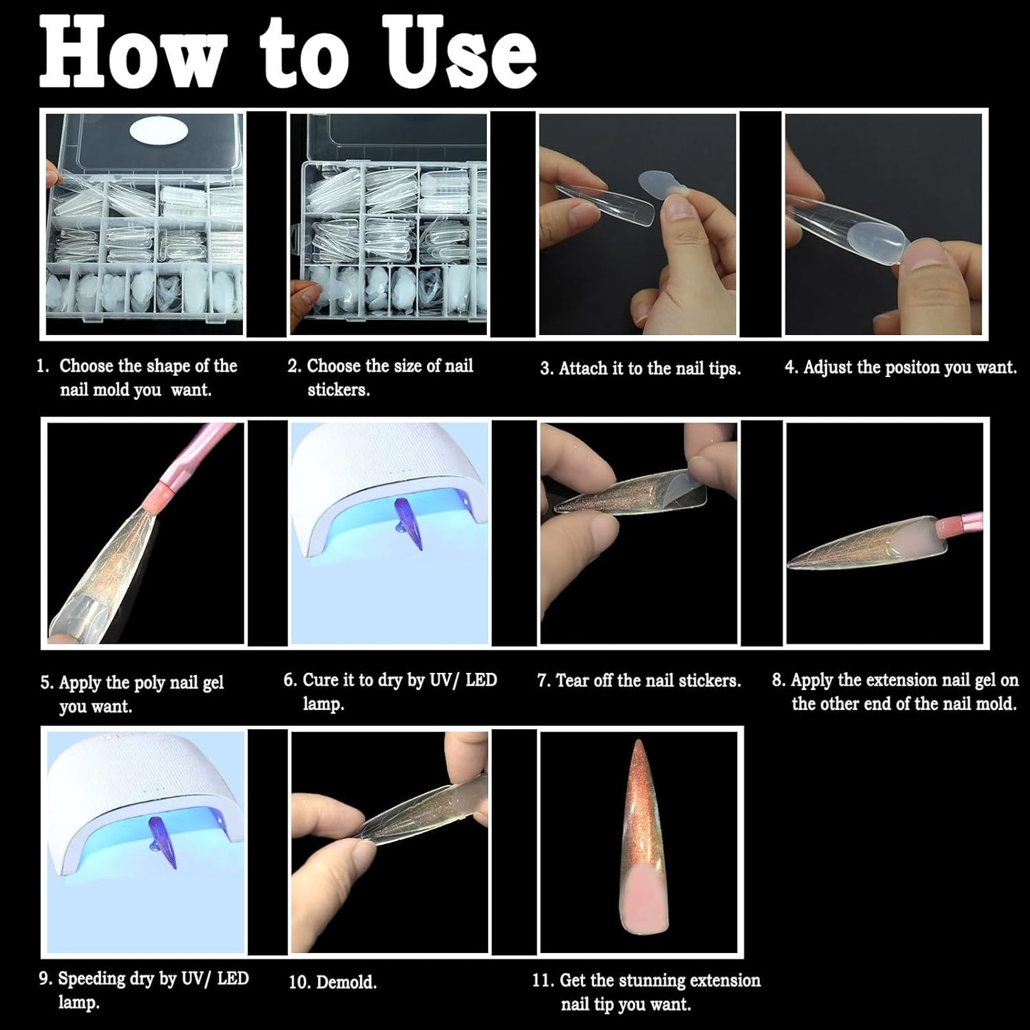 Allstarry 384pcs Nail Dual Forms, Silicone French Nail Forms for Poly Gel Nail Gel Extension Full Cover Acrylic Nail Tips 8 tpye nail form and Silicone Reusable Stickers for Manicure Extension