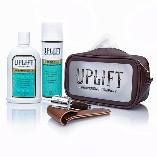 Uplift’s Luxury Shave Set for All: Pamper Yourself with Our Sulfate-Free Hair & Body Wash and Plant-Infused Shave Gel, Complete with a Handmade Wooden Razor for the Perfect Shave