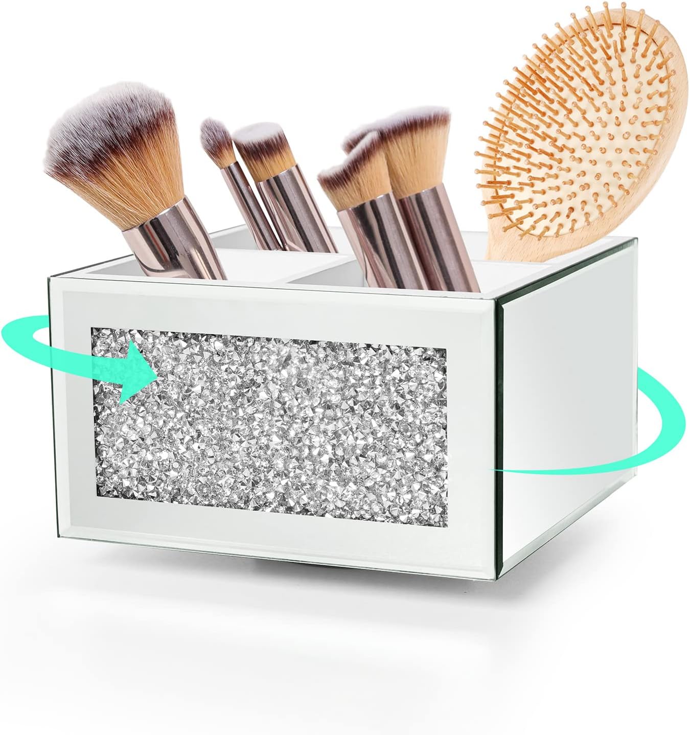 SWTHONY 360 Rotating Makeup Brush Holder Organizer, Silver Bling 4 Slot Crushed Diamond Glass Mirrored Cosmetic Brushes Storage, Eyeliners Eyebrow Pencil Display Case
