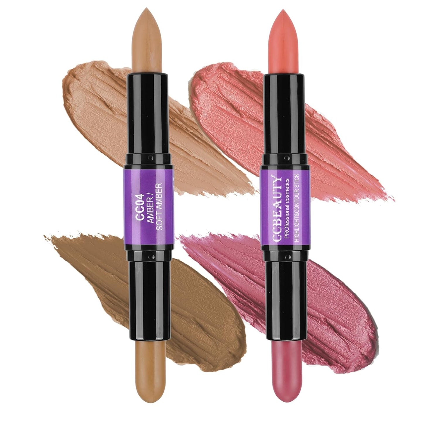 CCbeauty 2pcs 2-IN-1 Matte Contour Concealer Stick Cool Tone with Blush,Cream Blendable Bronzer & Blusher for Cheeks & Lip,Long Lasting & Waterproof Contouring for Face Shaping Makeup,AMBER/SOFT AMBER
