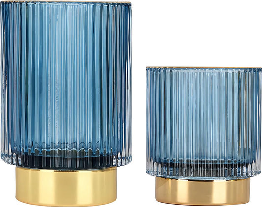 DASITON Makeup Brush holder Organizer,Crystal Cosmetic Makeup Brush Glass Brushes Storage Holder, Vintage Make Up Brush Cup Pen Pencil Holder striped vase(Blue S+L)