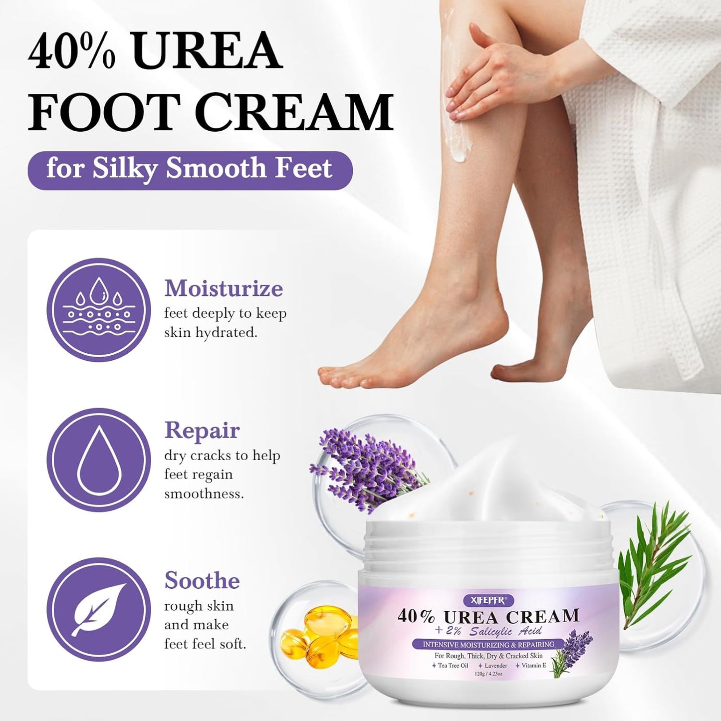 Foot Soak Set Callus Remover Pedicure Kit - Urea Cream 40%, Lavender Soak Salt with Epsom Salt & Foot File for Dead Skin, Foot Care Kit for Dry Cracked Heels at Home