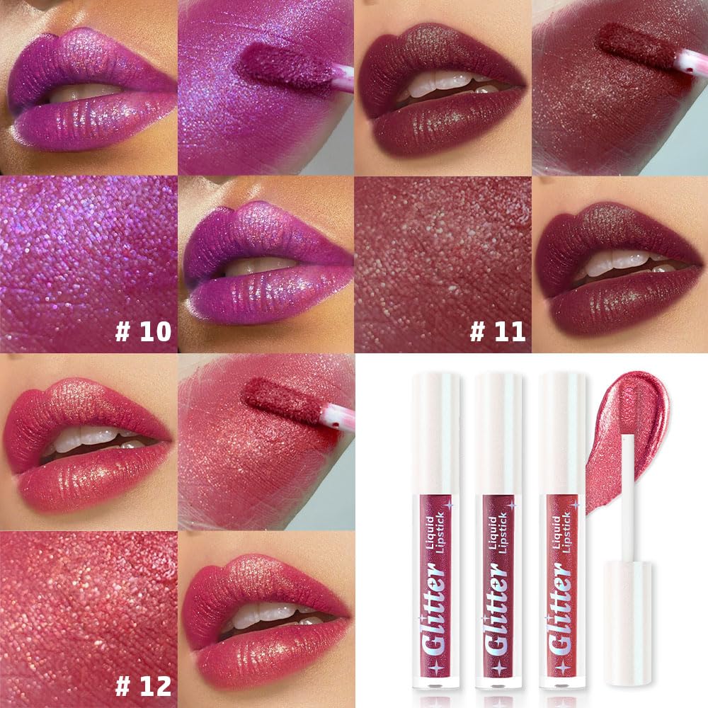 3Pcs Metallic Lipstick for Women,Lightweight Glitter Sparkling Liquid Lipsticks,Shimmer Lip Gloss Stain Long Lasting Waterproof Smudge Proof Non-Drying 24 Hour Full Coverage Lip Makeup,Vegan