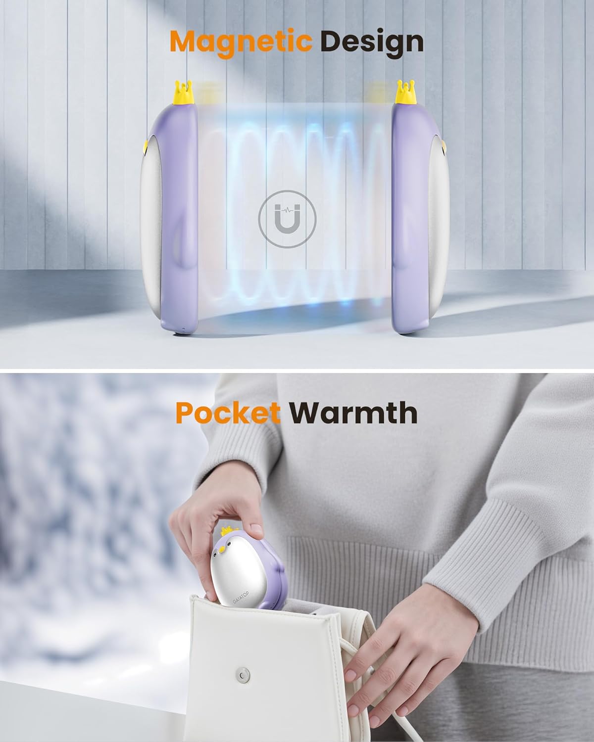 Gaiatop Magnetic Hand Warmers Rechargeable 2 Pack, 3 Settings Pocket-Sized Cute Penguin, Fast Hot Hands Reusable Portable Electric Heater for Camping Hunting Golf, Gifts for Women Men