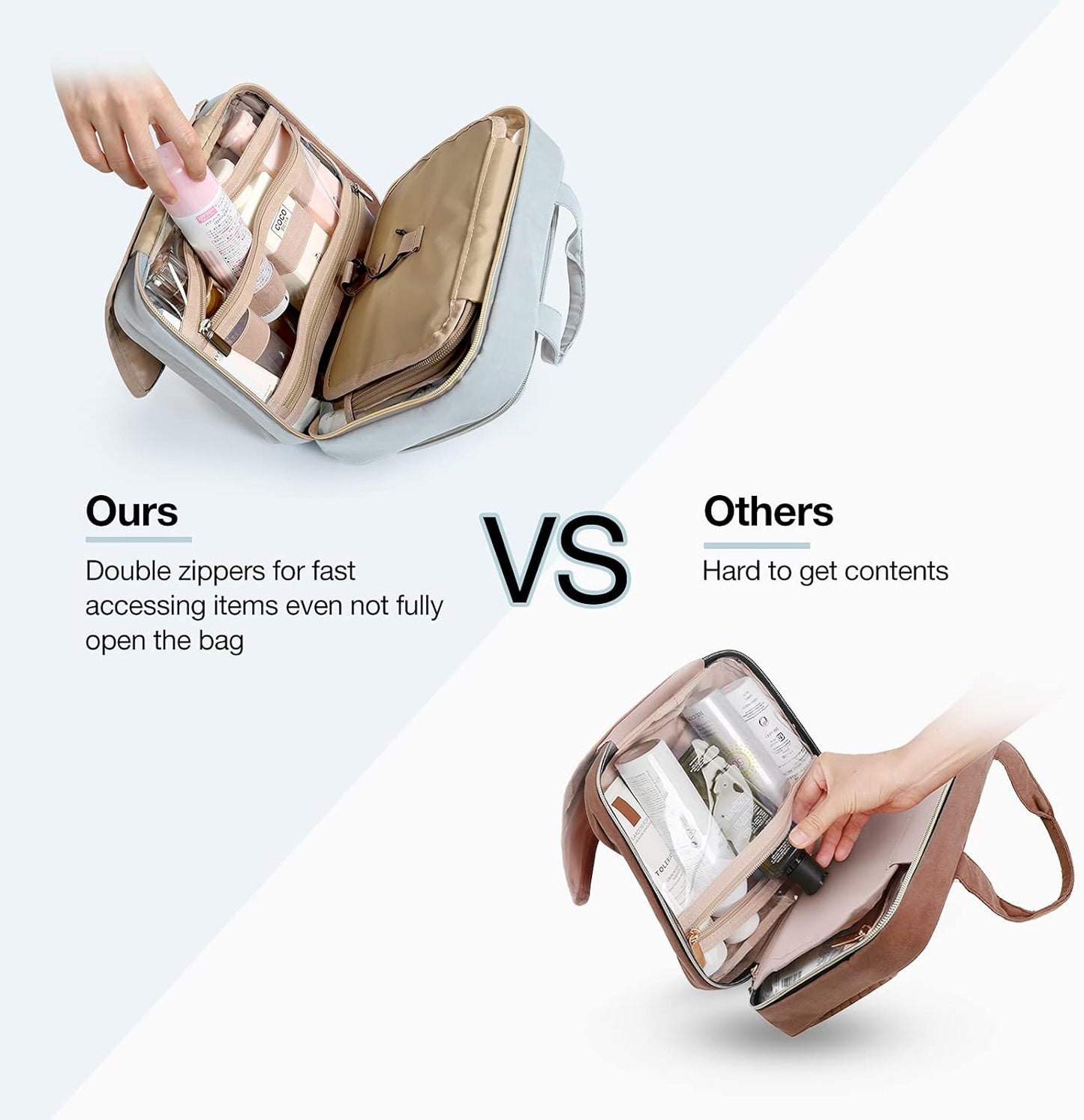 BAGSMART Toiletry Bag Hanging Travel Makeup Organizer with TSA Approved Transparent Cosmetic Bag Makeup Bag for Full Sized Toiletries, Large-Light Blue