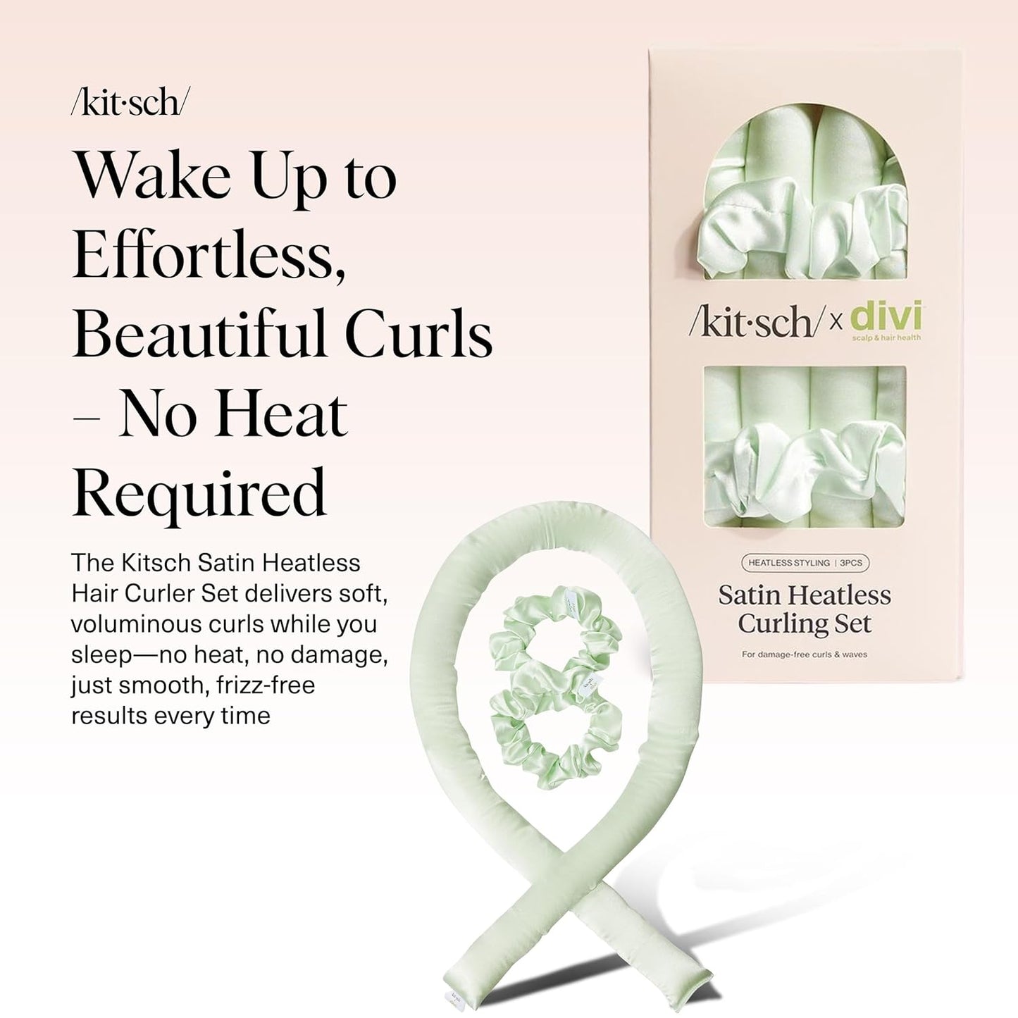 Divi x Kitsch Satin Heatless Hair Curler Set - Heatless Curls Overnight, Hair Rollers for Soft Curls & Frizz-Free Styling, No Heat Curlers To Sleep in, Curling Rod Headband for Overnight Curl- Sage