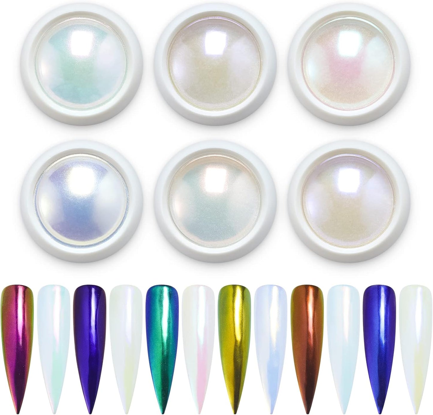 Artdone 6pcs Chrome Nail Powder White Pearl Unicorn Mermaid Aurora Nail Powder,Iridescent Chameleon Effect Nail Color Metallic Mirror Chrome Powder Kit for Nail Art Gel Polish kit