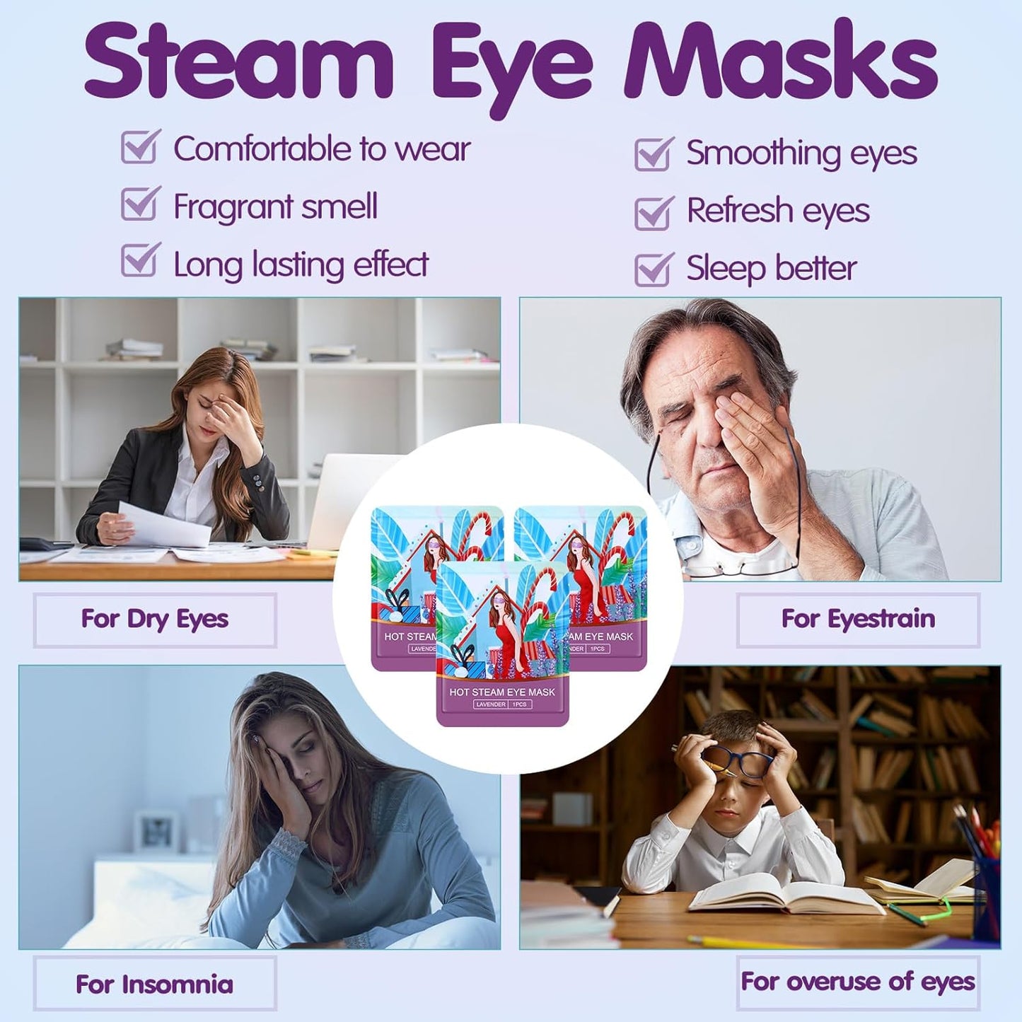 60 Pcs Disposable Steam Eye Mask Bulk Heated Eye Masks for Dry Eyes Spa Warming Eye Mask Self Heating Eye Masks with Warm Moist Warm Compress for Eye Stress Dark Circle Relief Sleep Mask