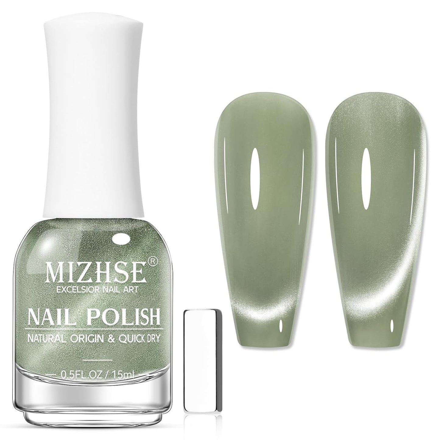 MIZHSE Quick Dry Cat Eye Nail Polish, Green Magnetic Nail Polish with Magnet, Air Drying Fast 15ml Cateye Nail Lacquer for Women Girls Non-Gel Nail Art Manicure DIY Home