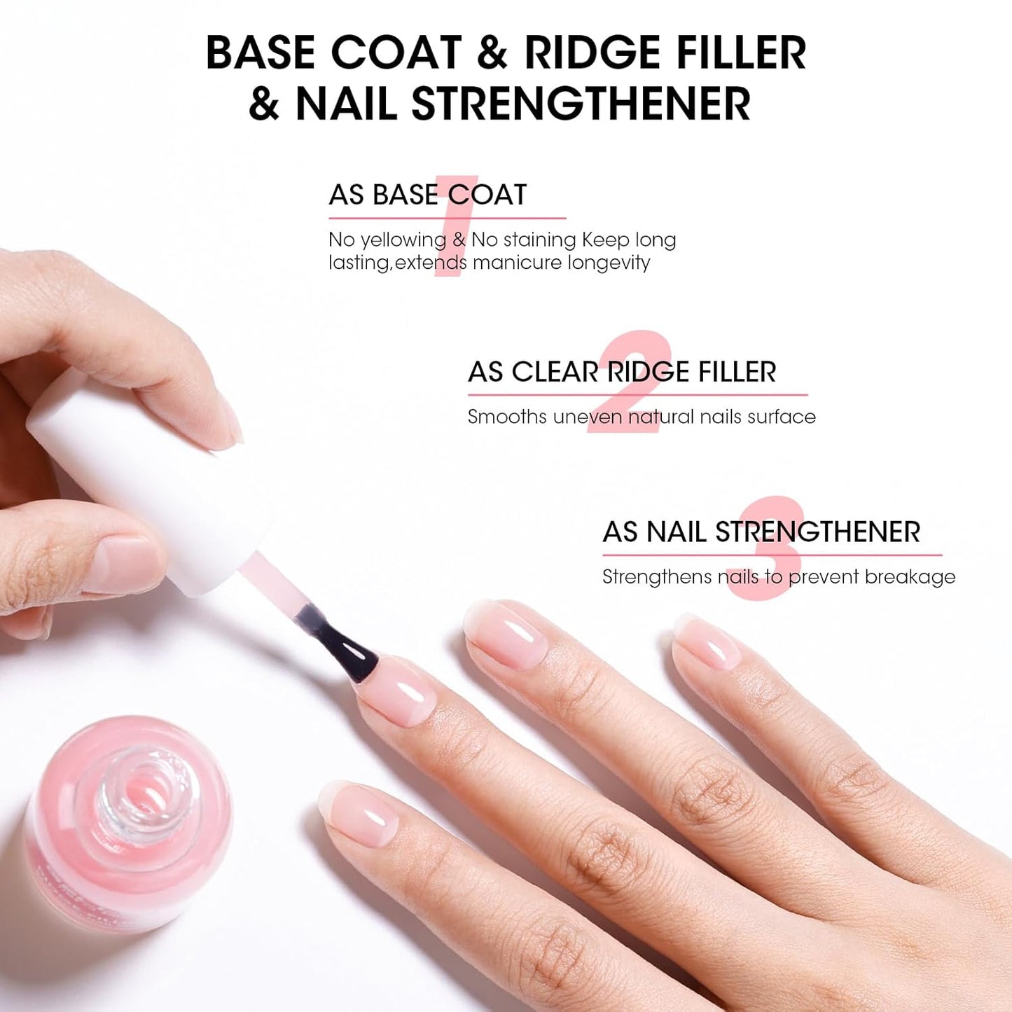 Gellen Tinted Pink Ridge Filler For Nails, Clear Nail Polish Ridge Filling Base Coat, Nail Strengthener and Growth, Hydrates Strengthenes Nourishes Damaged Dry Nails, Shea Butter & Vitamin E & Protein