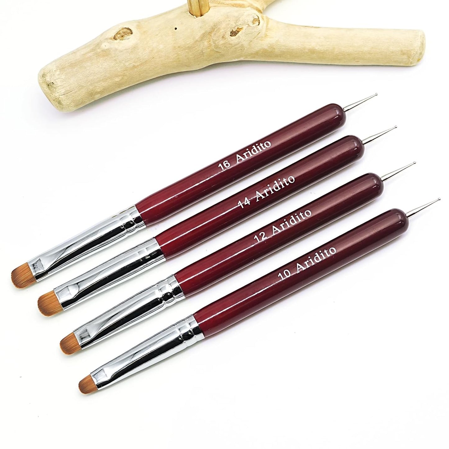 4Pcs Professional Acrylic French Manicure Clean-Up Brushes & Dotting Pens - Red Wood Handles, Precision Tips (#10#12#14#16) for Nail Art, Cuticle Care