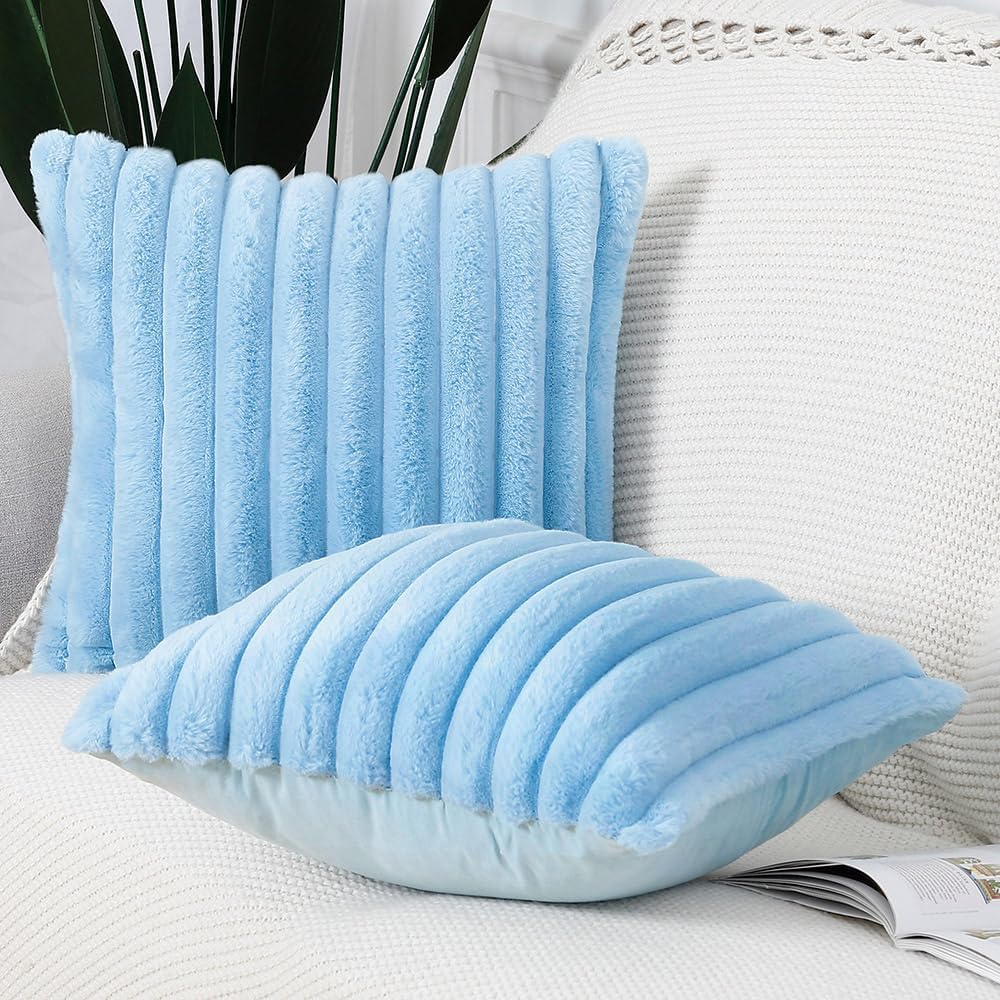 MADIZZ Set of 2 Faux Wool Plush Decorative Throw Pillow Covers 26x26 Inch Light Blue Fluffy Striped Soft Decorative Cushion Cover for Sofa Bedroom Pillow Shell