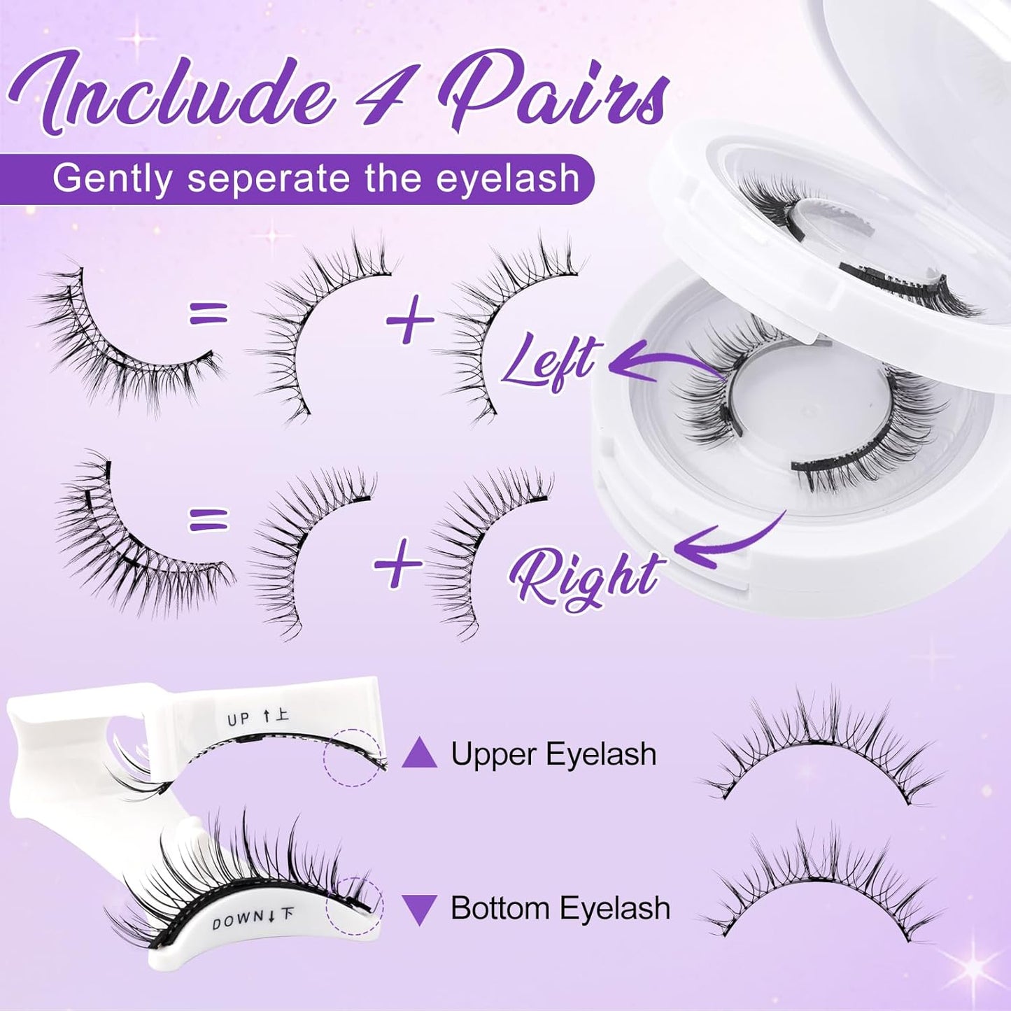 4-Pairs Magnetic Eyelashes Kit with Applicator: Natural Reusable Soft Waterproof False Lash, No Glue Needed, Wendy Lashes, 079+B01