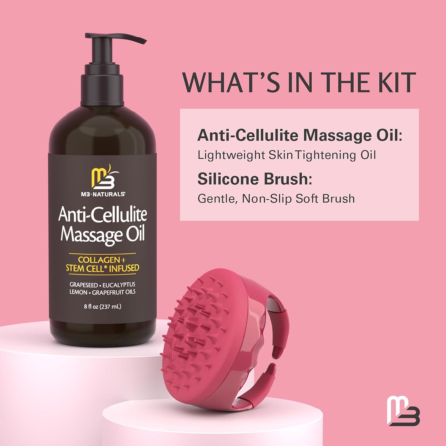 Anti Cellulite Massage Oil and Silicone Body Brush – Collagen and Stem Cell Skin Tightening Formula for Smoothing and Firming, 8 fl oz by M3 Naturals