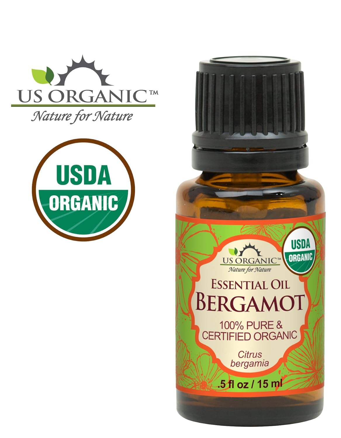 US Organic 100% Pure Bergamot Essential Oil, USDA Certified Organic, Cold Pressed, with Euro droppers (More Size Variations Available) (15 ml / .5 fl oz)