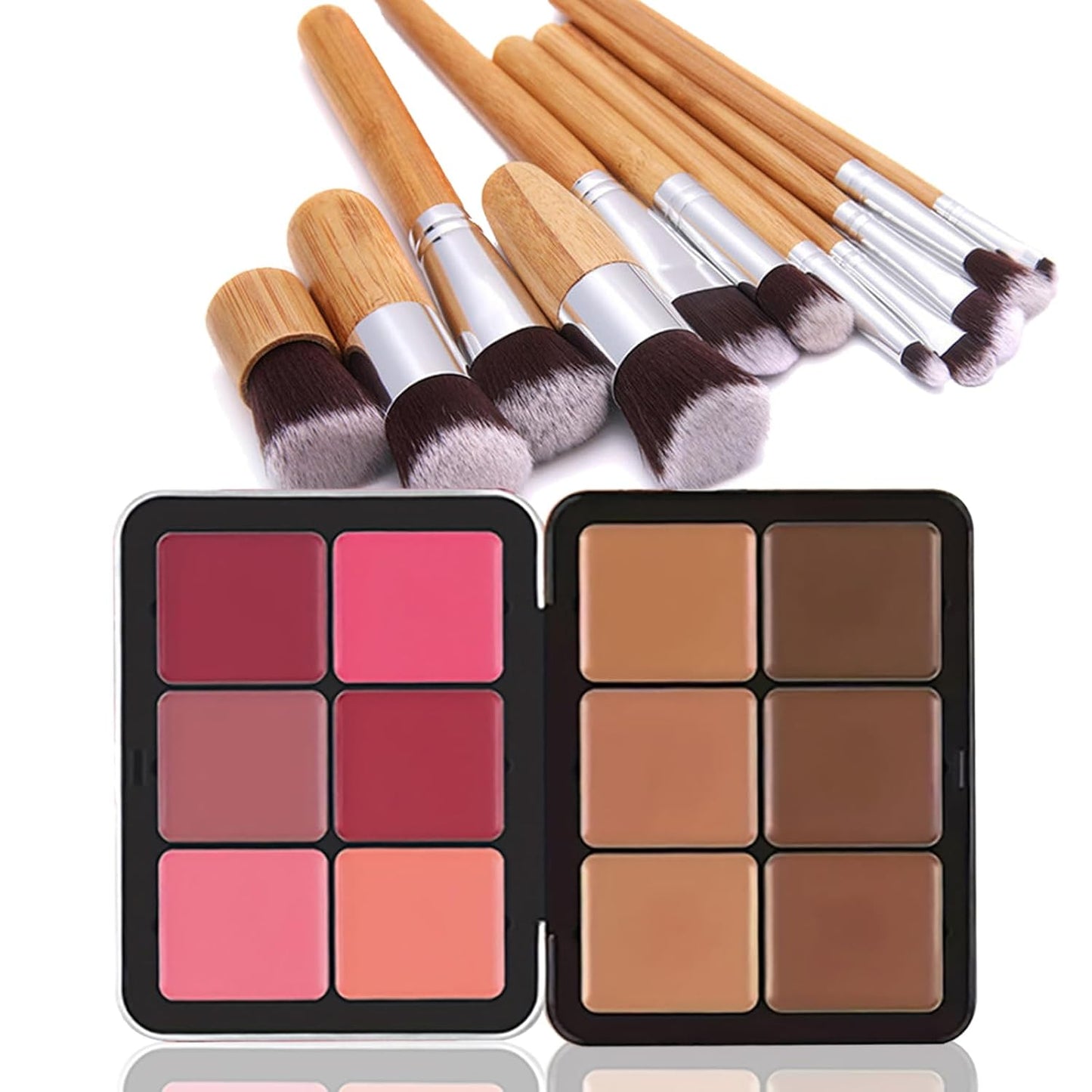 Makeup Blush Palette + Cream Contour Palette Kit, with 11 Pcs Complete Makeup Brushes, Contouring Concealer Palette for Medium Dark Skin to Conceals Dark Circles, Redness, Acne, Blemish