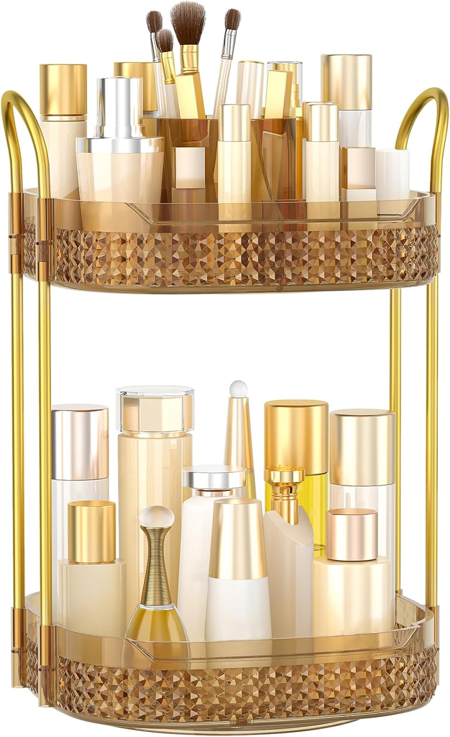 360° Rotating Makeup Organizer 2 Tier, Large Skincare Clear Make Up Storage Spinning Perfume Organizers for Bathroom Counter Dresser, Pink
