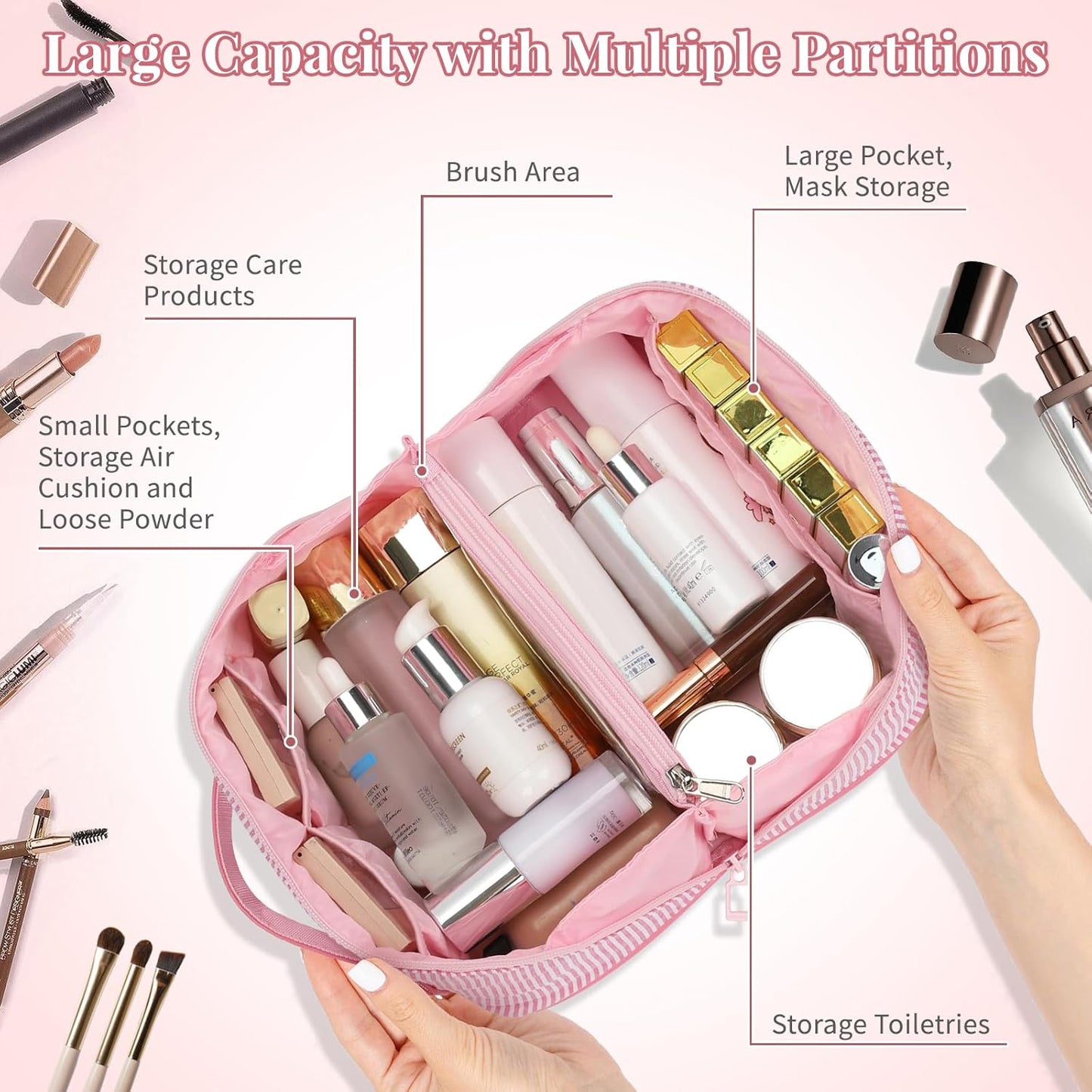 Travel Makeup Bag for Women, 2Pcs Portable Personalized Initial Makeup Organizer Bag, Open Flat Large Cosmetic Bag With Travel Essential Pouch (Pink Letter Q)