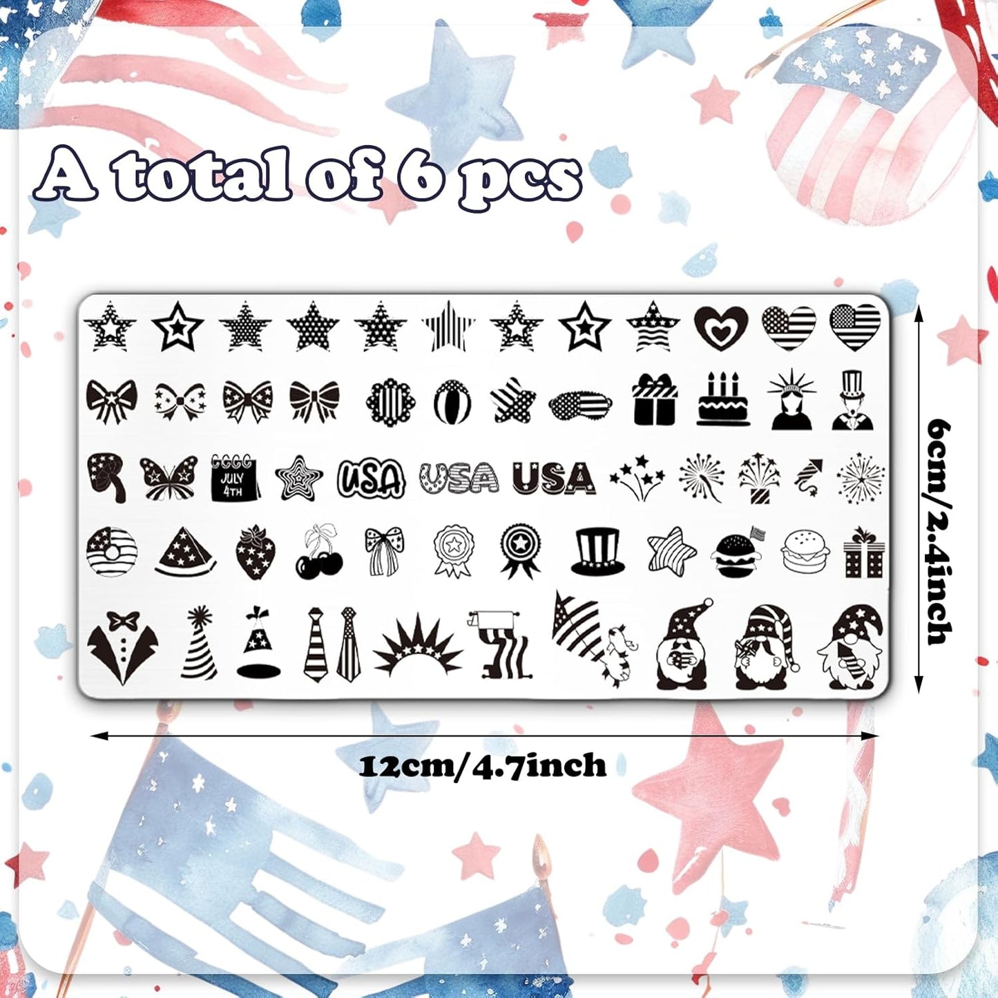 Whaline 6Pcs Patriotic Nail Plates Stamping Set USA Flag Star Stamp Templates 4th of July Nail Art Plates for Independence Day DIY Print Manicure Salon Design