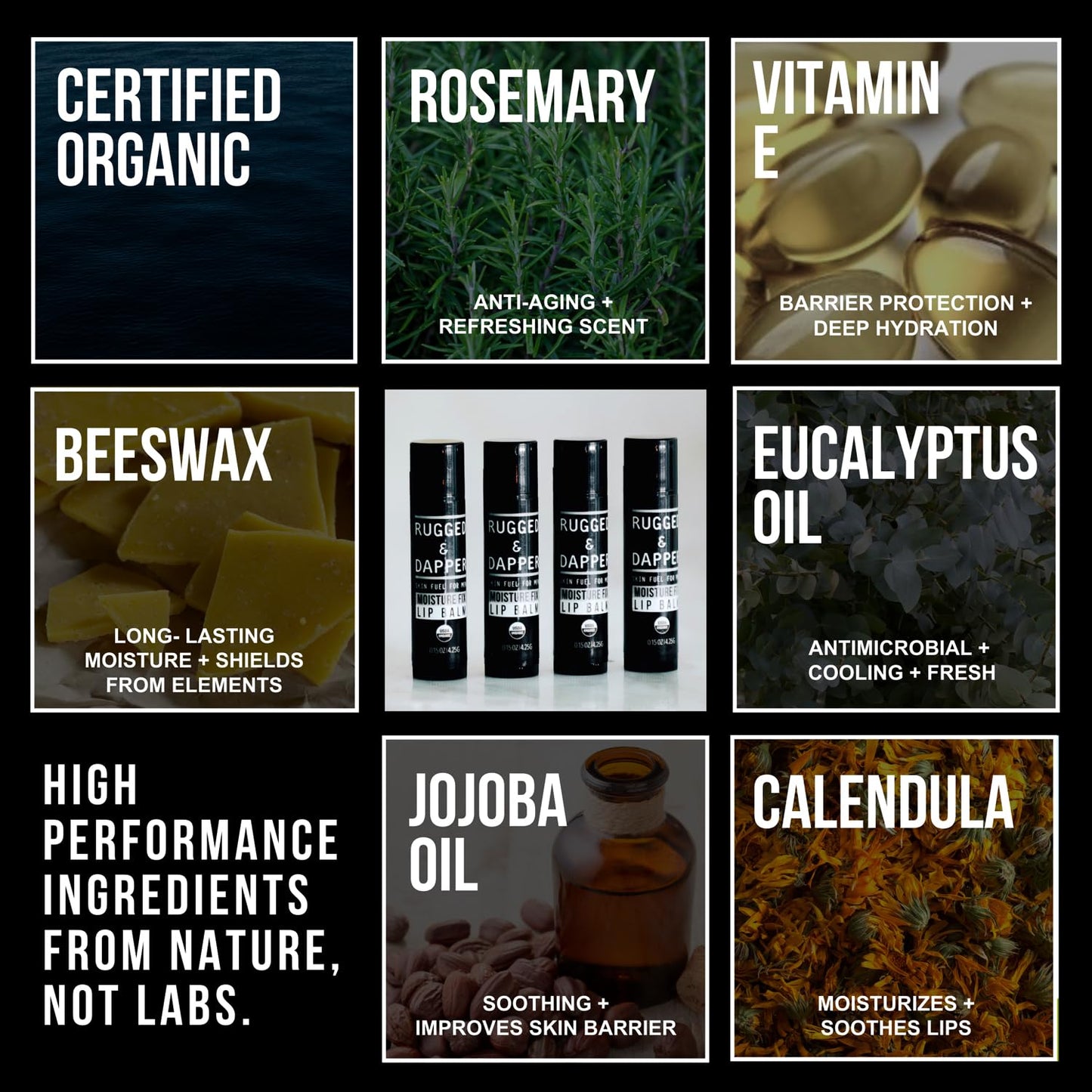 RUGGED & DAPPER Lip Balm for Men - Certified Organic + Natural Ingredients - 4 Pack - Hydrating Mens Chapstick - USA Made