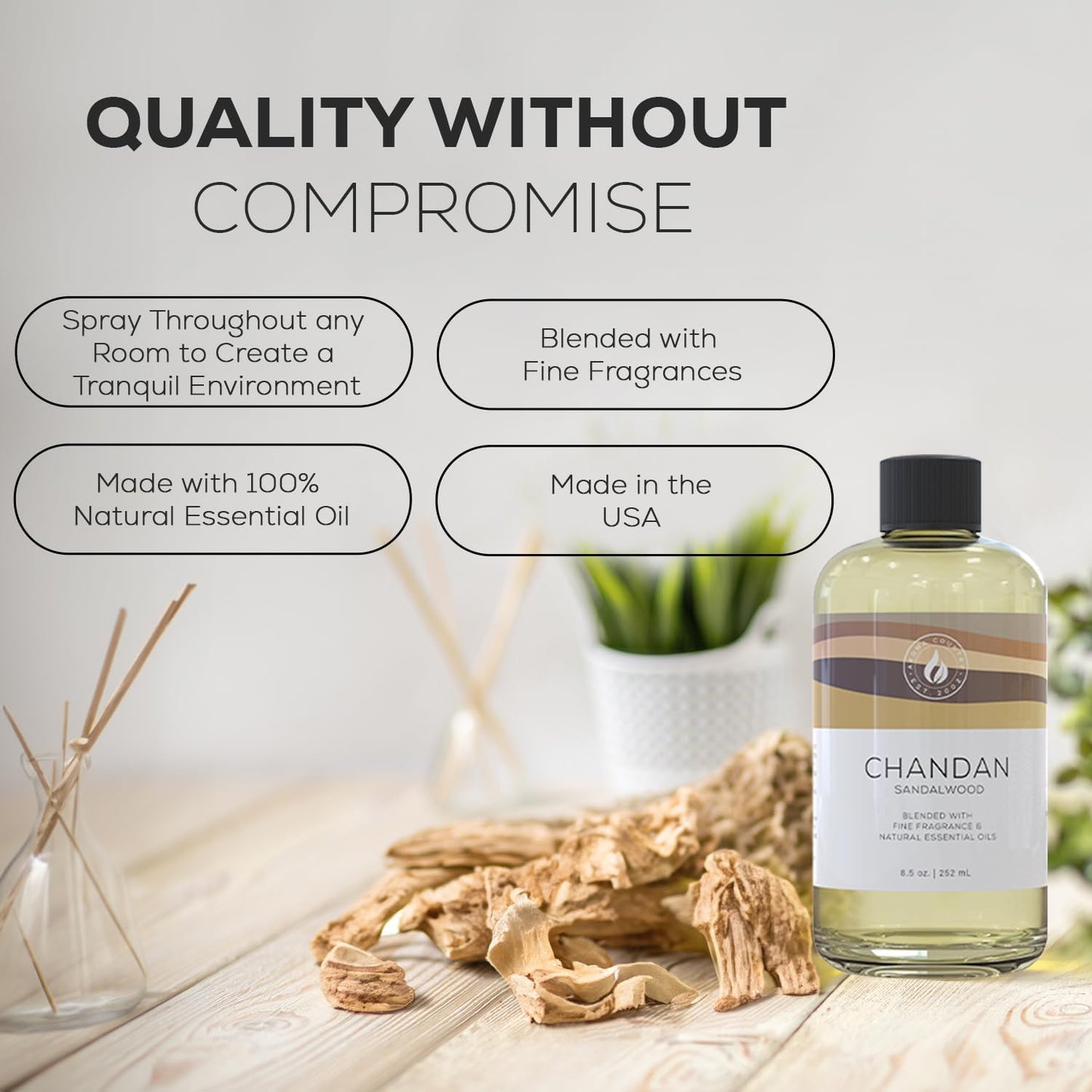 Aroma Country Chandan Diffuser Oil - Luxury Essential Oils for Diffuser Refill & Air Freshener Room Spray - Long-Lasting & Natural Home Fragrance, Sandalwood Scented Oil for Diffusers (8.5 Fl. oz)