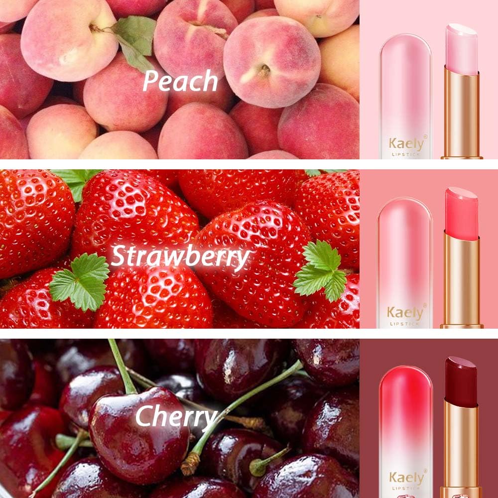 Kaely 3Pcs Peach Strawberry Red Cherry Hydrating Lipstick Tinted Lip Balm, Color Changing PH Lipstick Makeup, Korean Magic Lip Stain Long Lasting Waterproof, labiales magicos 24 horas originales