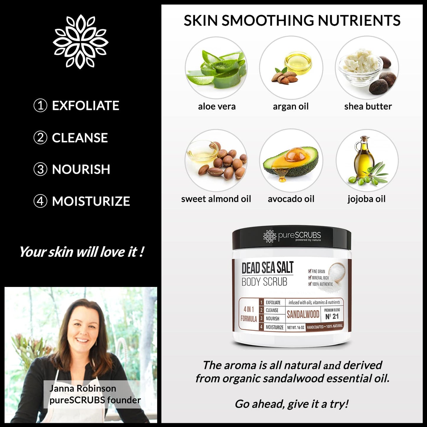 pureSCRUBS Premium Sandalwood Body Scrub Set - Large 16oz Dead Sea Salt Body Scrub With Infused Essential Oils & Nutrients, Includes Wooden Spoon, Loofah & Oatmeal Exfoliating Bar Soap