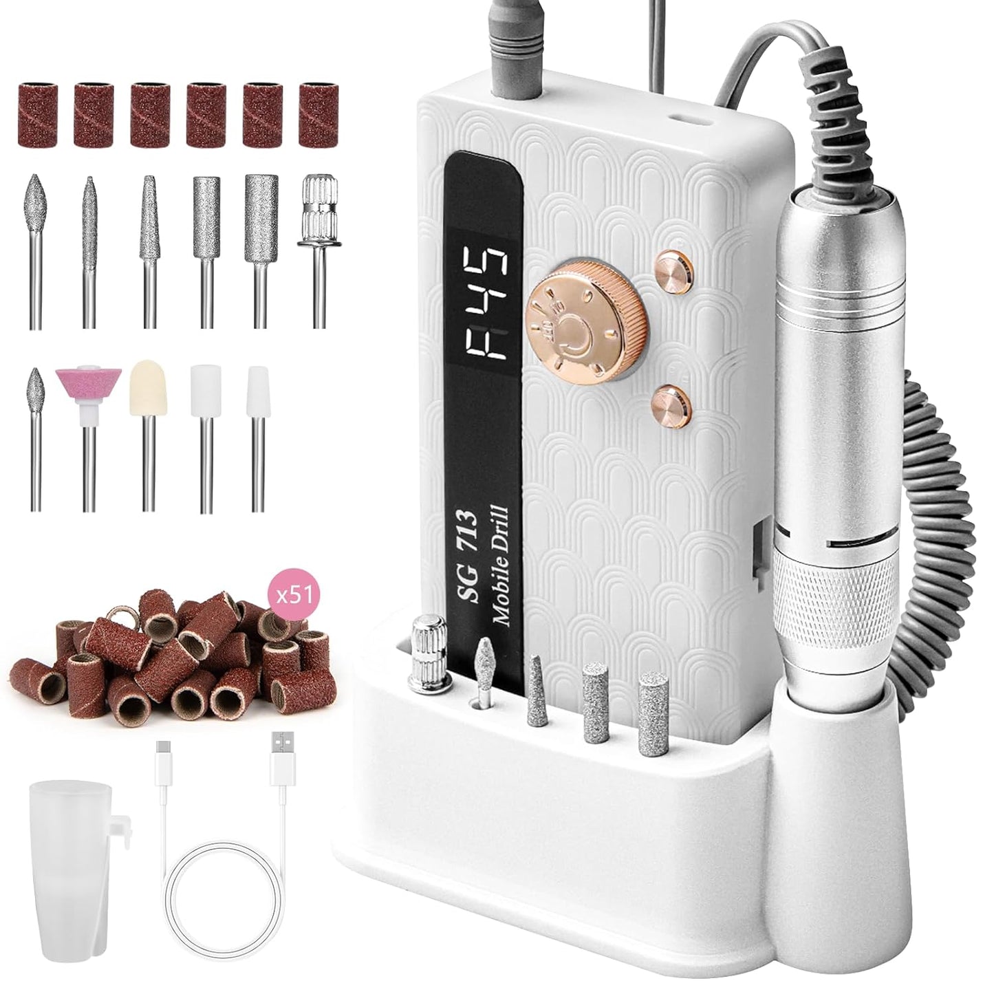 Electric Nail File Professional Kit - 45000RPM Portable Nail Drill Electric File with 11 Bits & Base丨LED Screen丨Ultra-Silent, Rechargeable Nail Drills Machine for Acrylic Nails Gel Polishing (White)