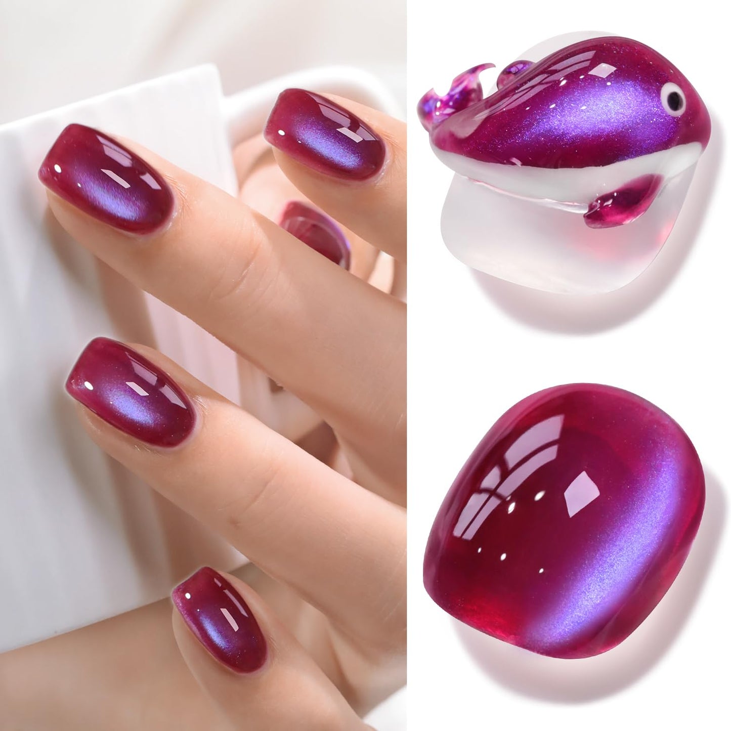 Double Rhythm Jelly Glass Cat Eye Gel Polish with Magnet 15ML Holographic Glitter Shimmer Translucent Sheer Color Magnetic Nail Polish Salon DIY at Home (Burgundy Purple-MC1265)