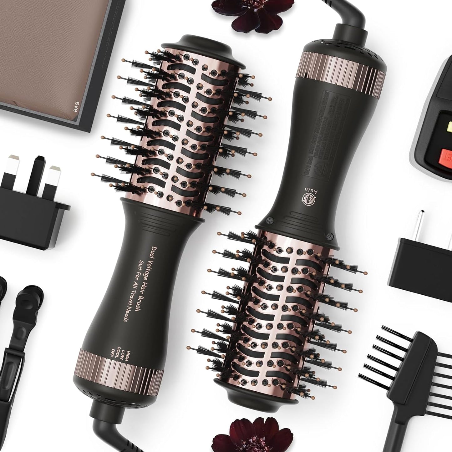 Travel Dual Voltage Blow Hair Dryer Brush 4-IN-1 Portable Mini Hot Air Dryer Straightener & Curler Brush, Titanium 2-Inch Blowout Styler Volumizer Tool, 110/240V US/EU/UK Plug for International Travel