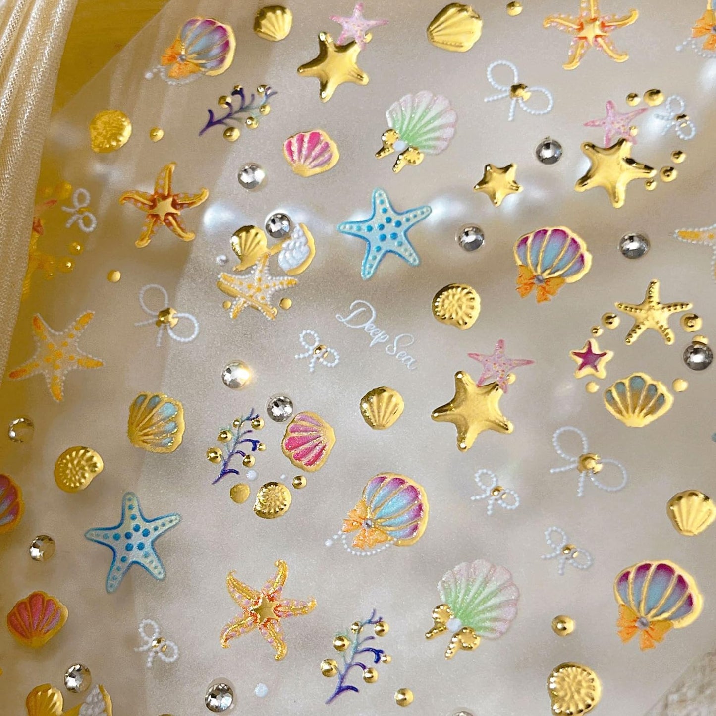 1 Sheets Summer Beach Nail Decals for Nail Art Gold Seashell Starfish Nail Stickers with Diamond Designs Coral Conch Bow Nail Art Stickers 5D Self-Adhesive Ocean Nail Design Supplies for Women