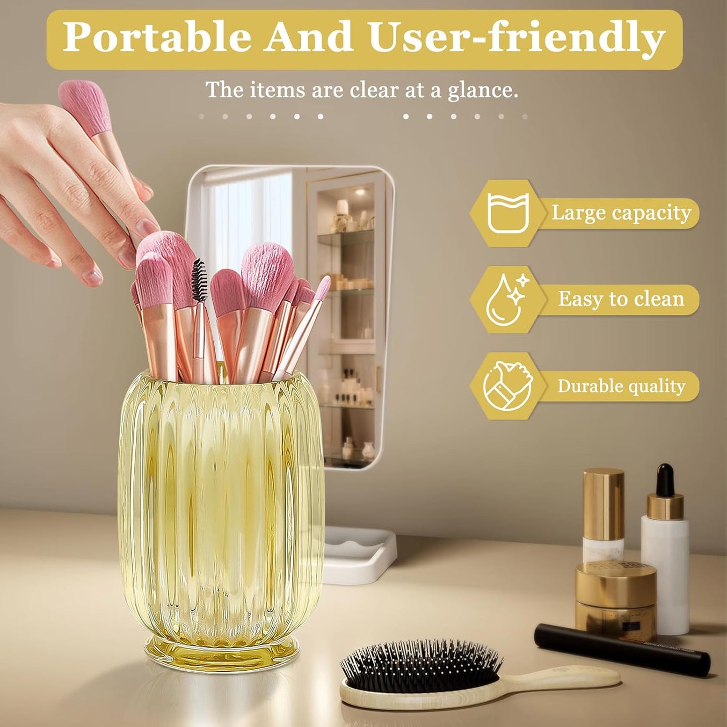 Makeup Brush Holder, Thick Glass Makeup Brush Organizer Cup, 4.8" Tall for Vanity Hair Brush Holder Brushes Storage, Makeup Brush Holder Organizer organizador de brochas de maquillaje Crystal Amber