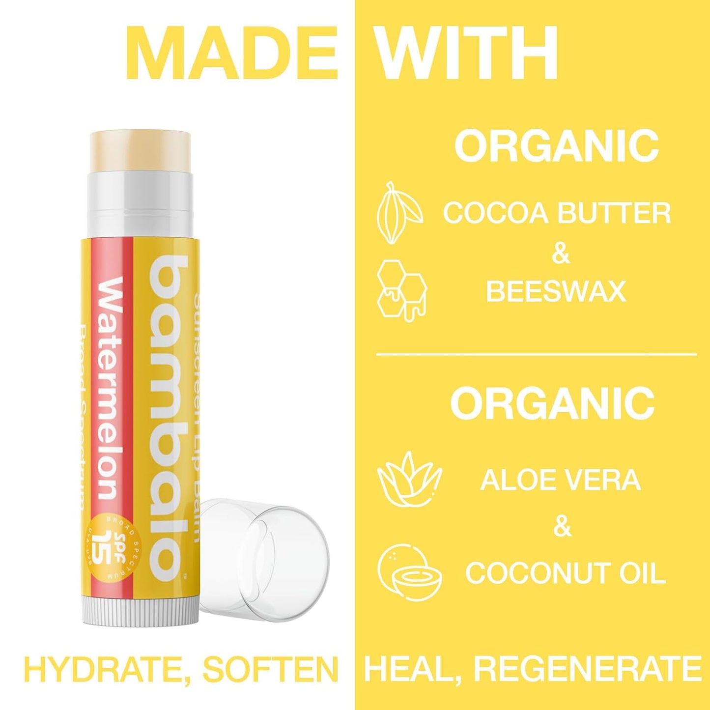 4-Pack Variety SPF 15 Lip Balm - Organic Ingredients, Broad Spectrum UVA/UVB Protection - Hydrating & Moisturizing, USA Made