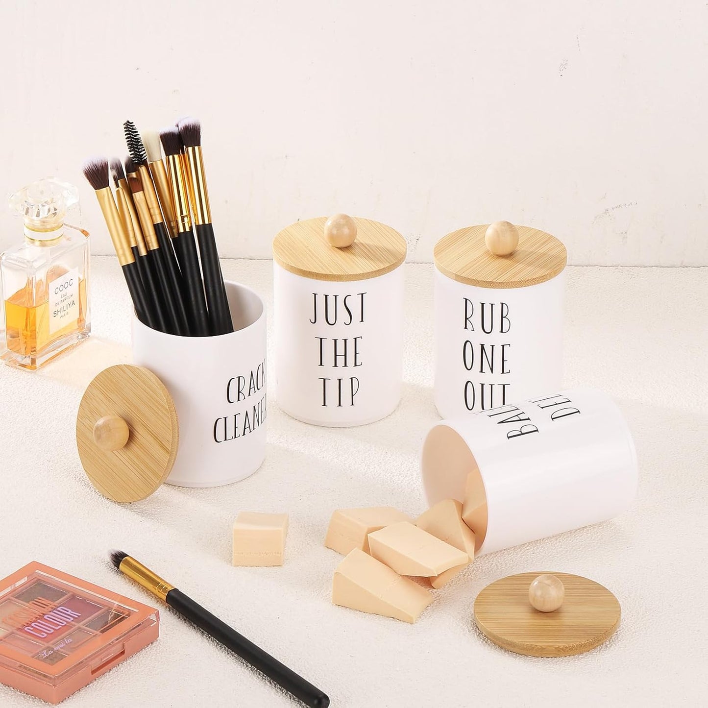 Tbestmax 4 Pack Qtip Holder Dispenser White Plastic Apothecary Jars for Bathroom Organizer, 10oz Storage Containers for Cotton Ball, Cotton Swab, Floss