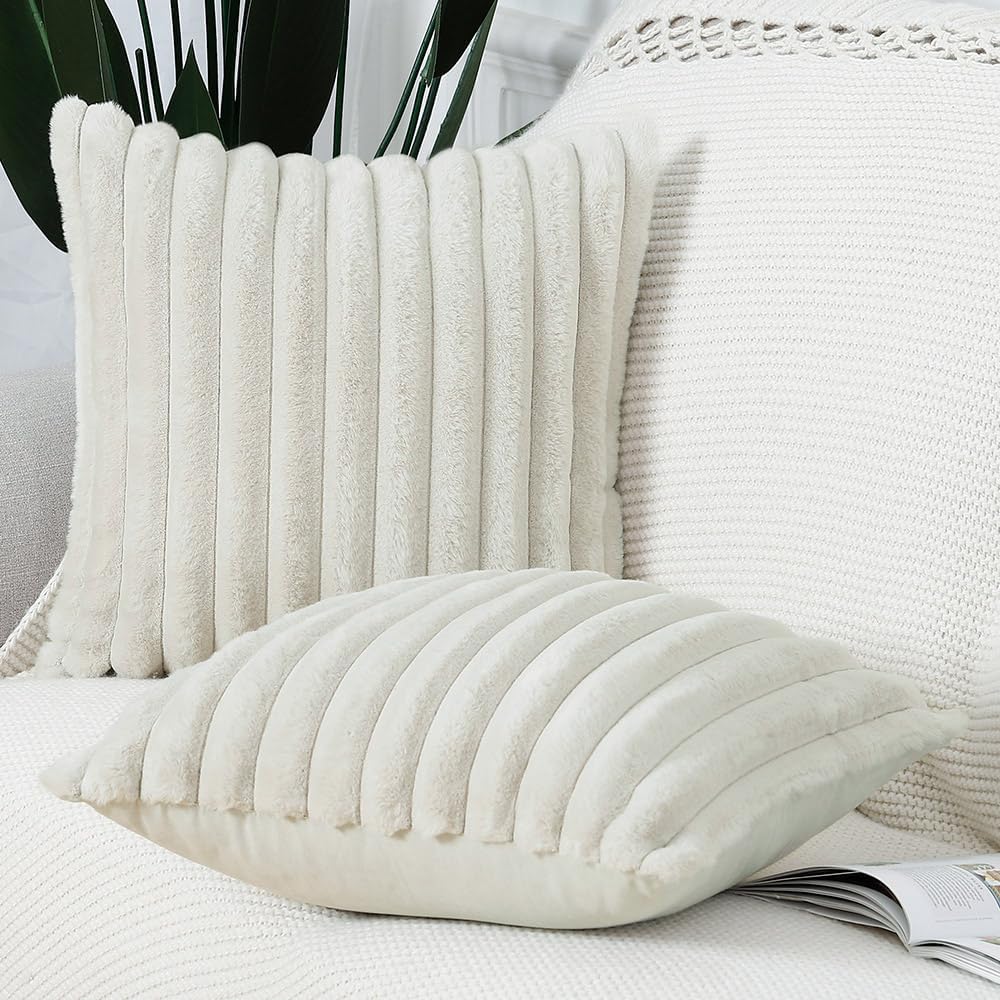 MADIZZ Set of 2 Faux Wool Plush Decorative Throw Pillow Covers 16x16 Inch Greyish White Fluffy Striped Soft Decorative Cushion Cover for Sofa Bedroom Pillow Shell