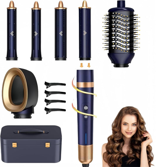 T-GOGO Hair Dryer Brush Professional: 6 in 1 Hot Air Hair Styler & Dryer Set, Powerful Hair Air Curling Iron High-Speed Negative Ionic Blow Dryer, Auto-Wrap, No Heat Damage (Dark Blue)