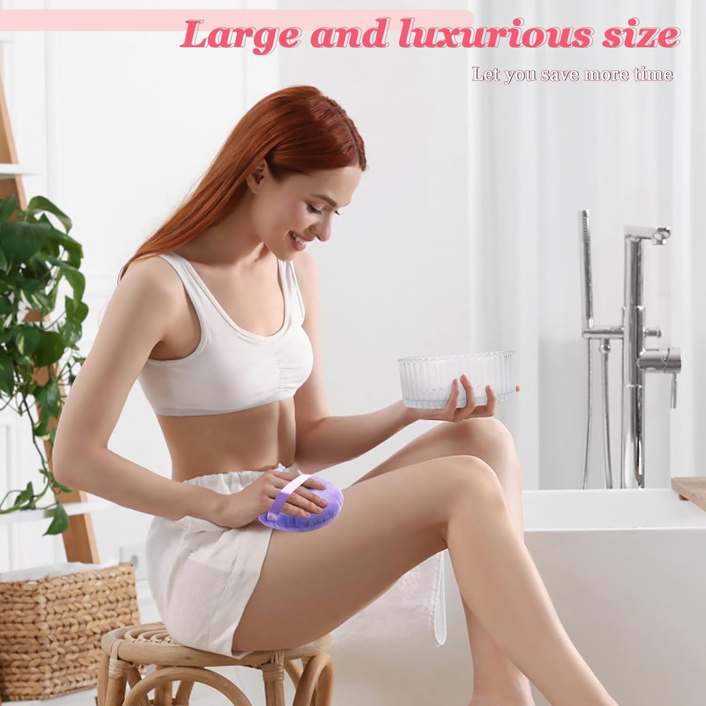 2Pcs Extra Large Body Powder Puff & Luxury 6" Glass Jar Dusting Powder Container with Puff for Women Bath Powder Puffs Perfect for Talcum or Loose Powder (Light Purple)