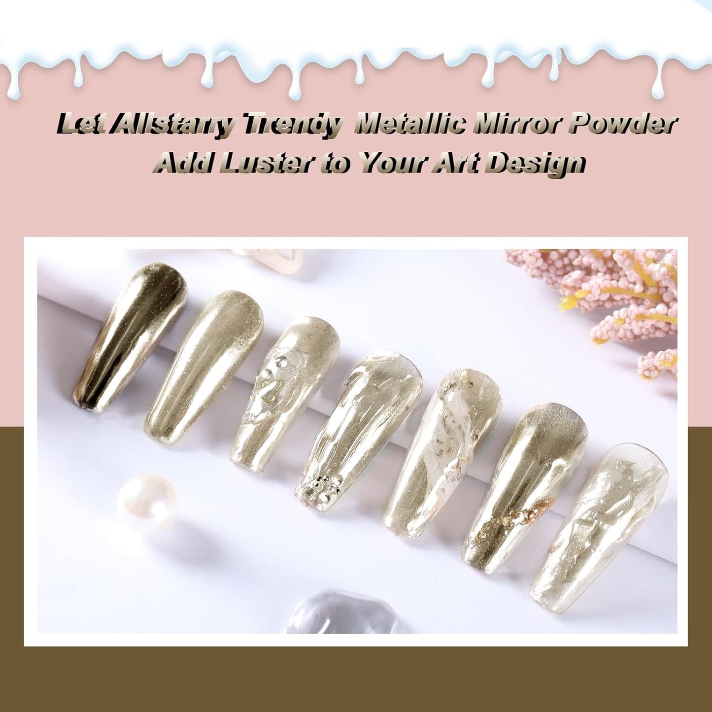 Allstarry Chrome Nail Powder 2pcs Metallic Mirror Effect Dust Glitter Glazed Manicure Decoration Reflective Pigment for Gel Polish Nail Art Decoration Resin Craft, Festivals - Champagne Gold