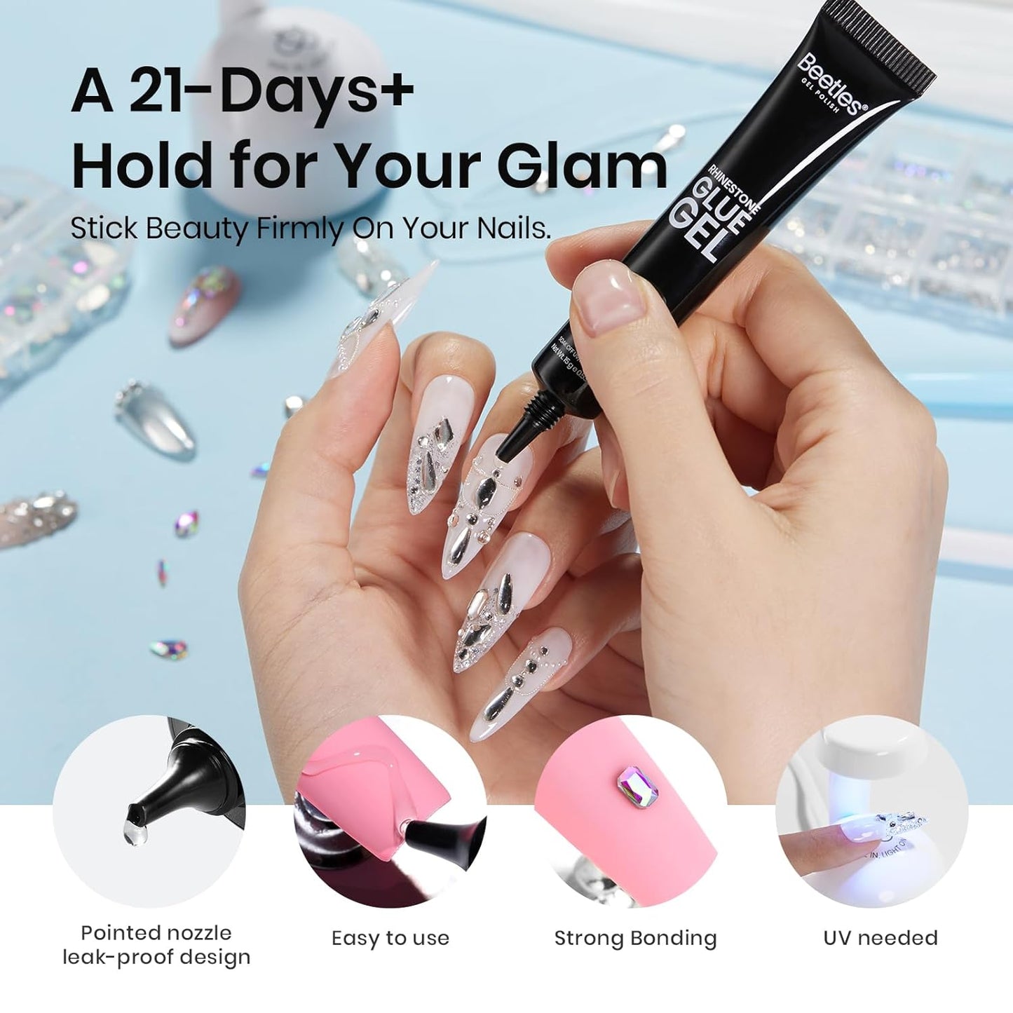 Beetles Gel Polish Nail Glue with Nail Gems Set, 15ml Nail Rhinestone Glue &120+2000Pcs Crystal Glass AB Rhinestones for Nails Art, Nail Gems with Double-Ended Clean Up Nail Brush Gifts for Girls