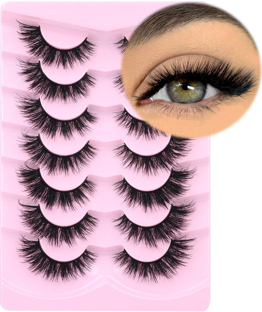 Mink Lashes Natural Look False Eyelashes Wispy Cat Eye Flat Lashes 3D Mink Lashes Natural Fake Lashes 15mm Strip Lashes Pack 7 Pairs by Kiromiro