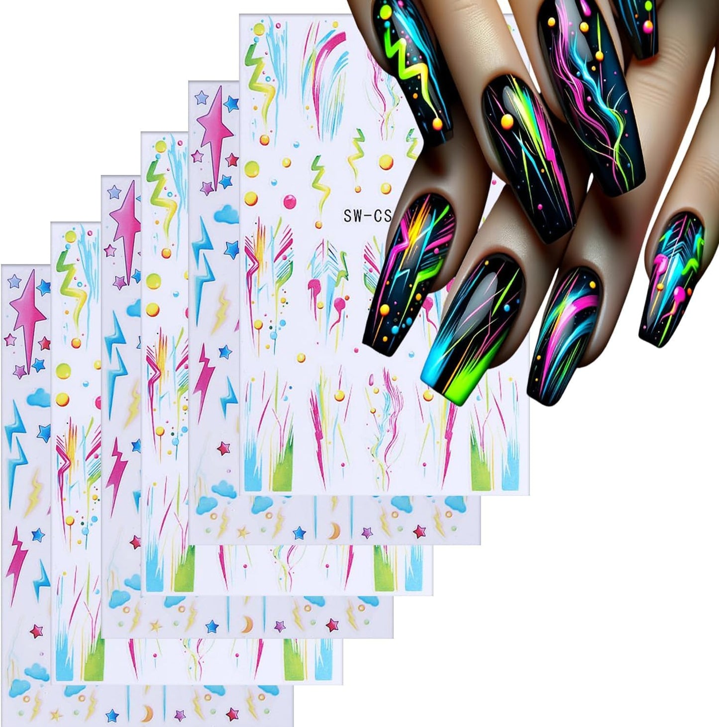 Lightning Nail Art Stickers 3D Self-Adhesive Nails Sticker Colorful Lines Nail Art Decals Holographic Stars Nail Decal Decoration for Women Cute Clouds Manicure Stickers DIY Nails Art Sticker Supplies