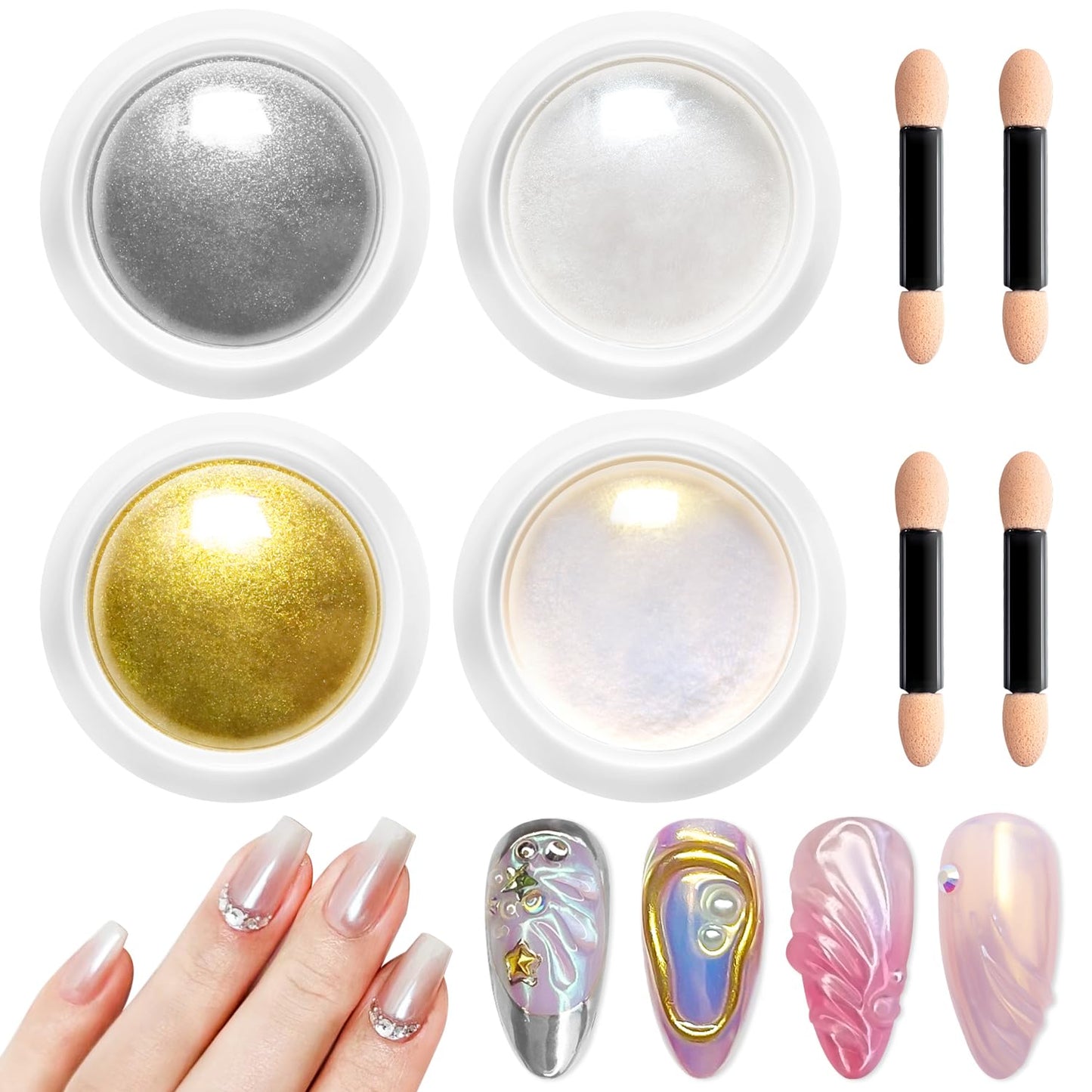 Gold Chrome Nail Powder BISHENGYF -【Metallic Mirror Effect】Pearl Chrome Nail Powder White Aurora Mermaid Iridescent Silver Nail Chrome Powder Metallic Mirror Glitter Pigment Dust For Nail Art DIY