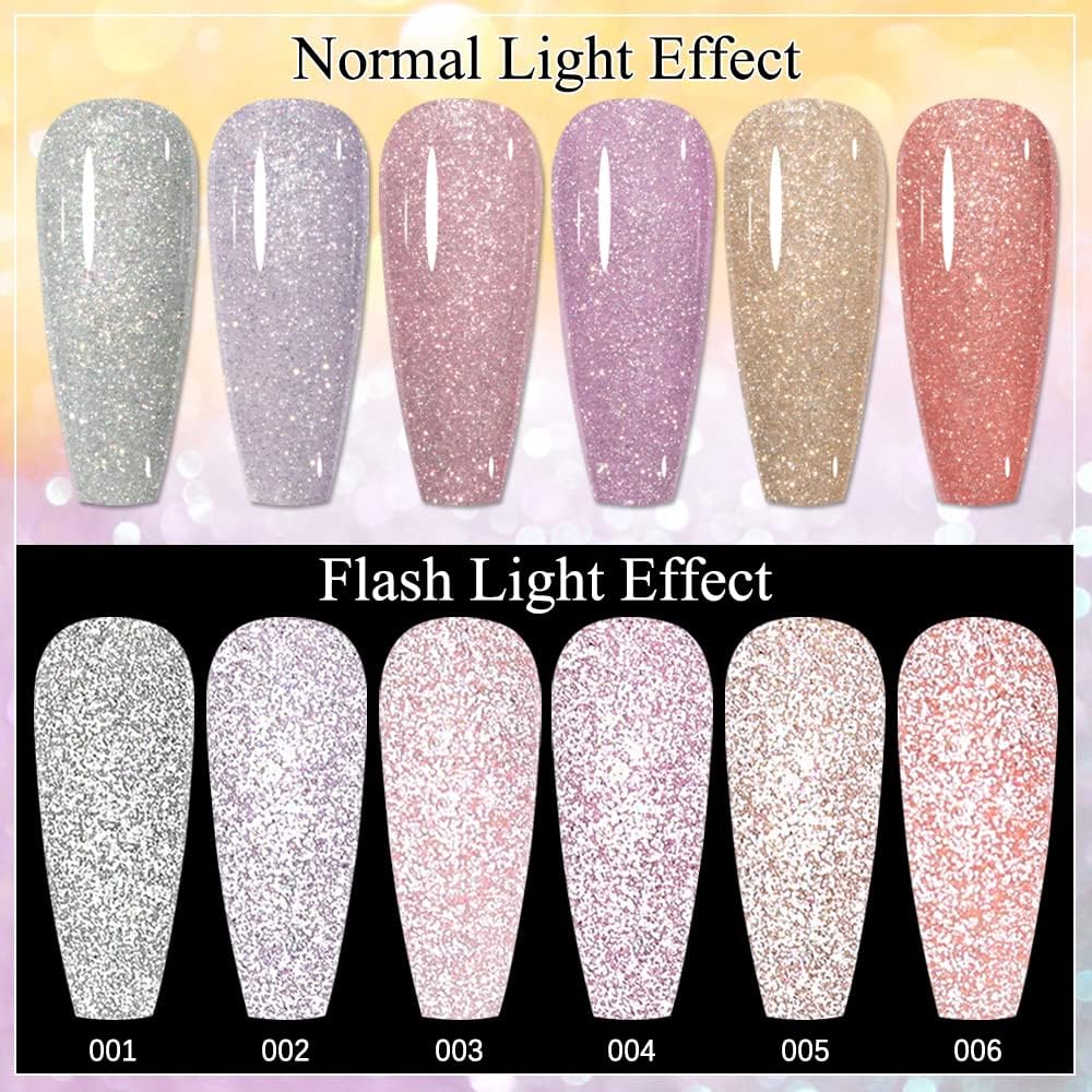 MIZHSE Glitter Gel Nail Polish, 2 In 1 Reflective & Rubber Base Gel Polish 10ml, Sparkly Shimmery Effect Nude Pink Silve Purple Colors Soak Off Nail Art Manicure Home Salon Gift for Women