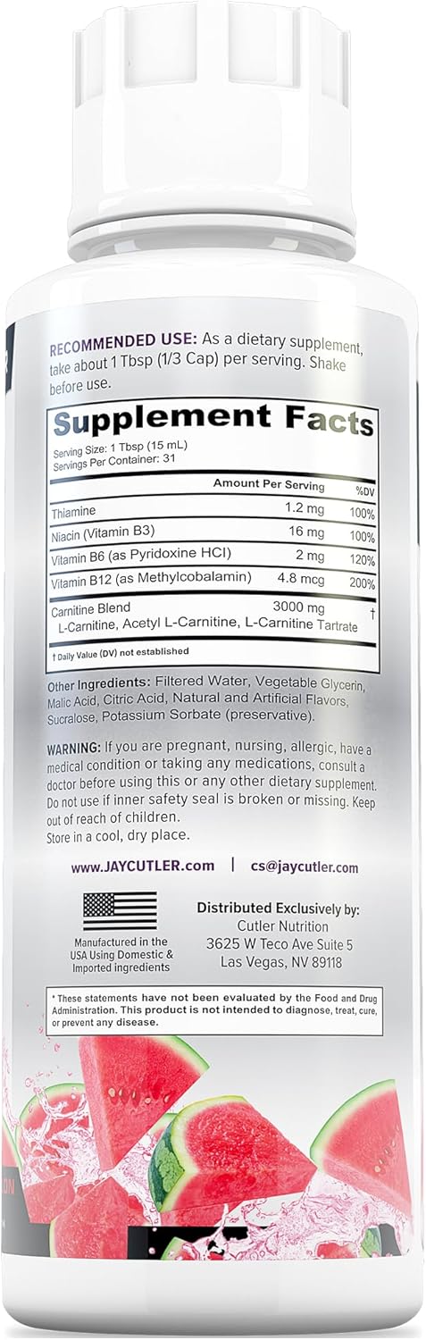 Cutler Nutrition Liquid Carnitine 3000 Contains Carnitine, Acetyl L Carnitine, L Carnitine Tartrate for Energy and Metabolism Support with B Vitamins | Watermelon Flavor | 31 Serves