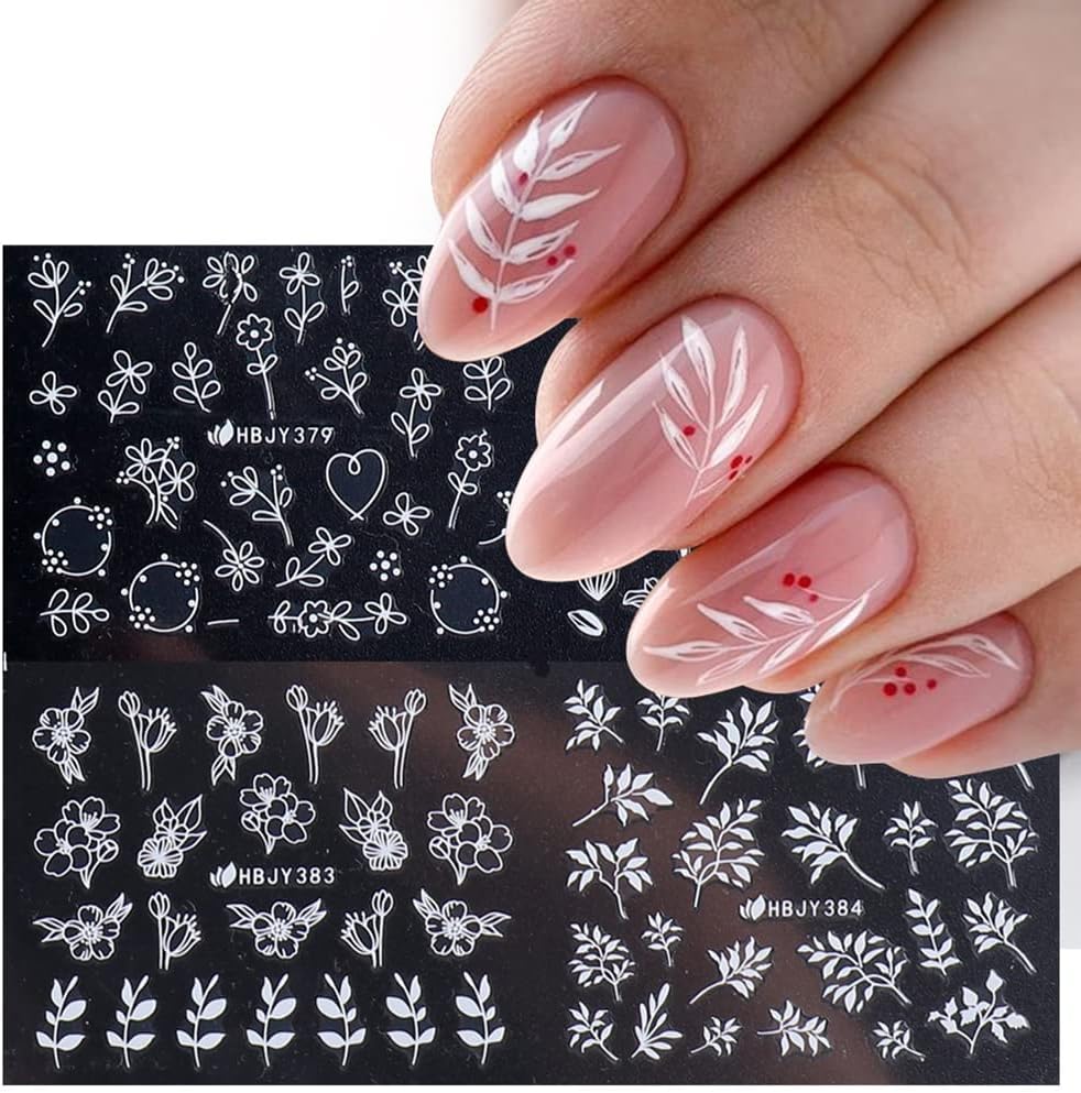 Flowers Nail Decals 3D Self-Adhesive White Floral Nail Art Stickers Wedding Lace Floral Nail Supplies Retro Vine Leaf Pattern Design Luxury Crown Nail Decorations for Women Girls(373-384 White)