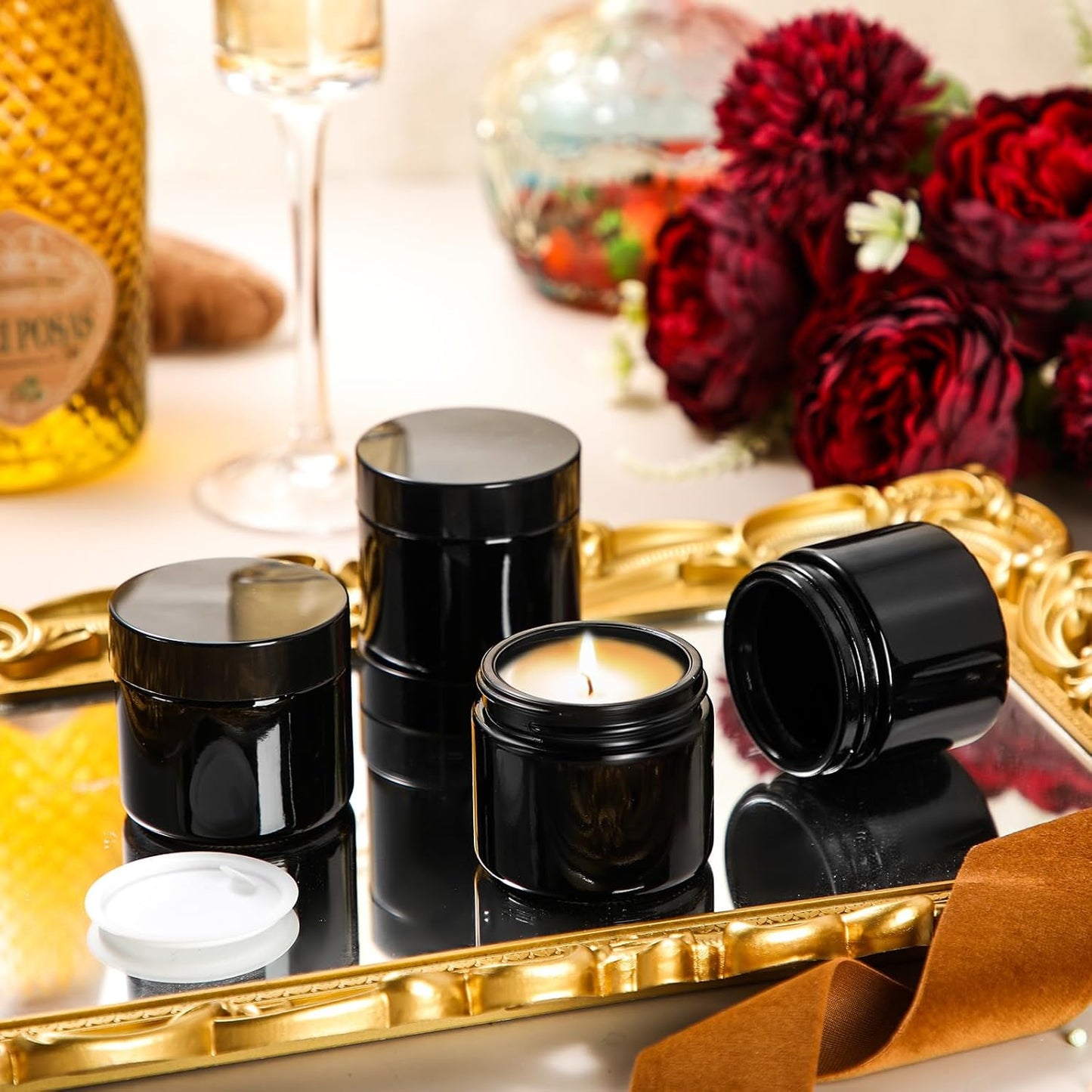 Domensi 32 Pcs 2 oz Glass Jars with Lids Travel Size Round Leakproof Empty Cosmetic Jars with Inner Liners Lid for Storing Makeup Lotions Face Cream Ointments Candle DIY Making (Black)